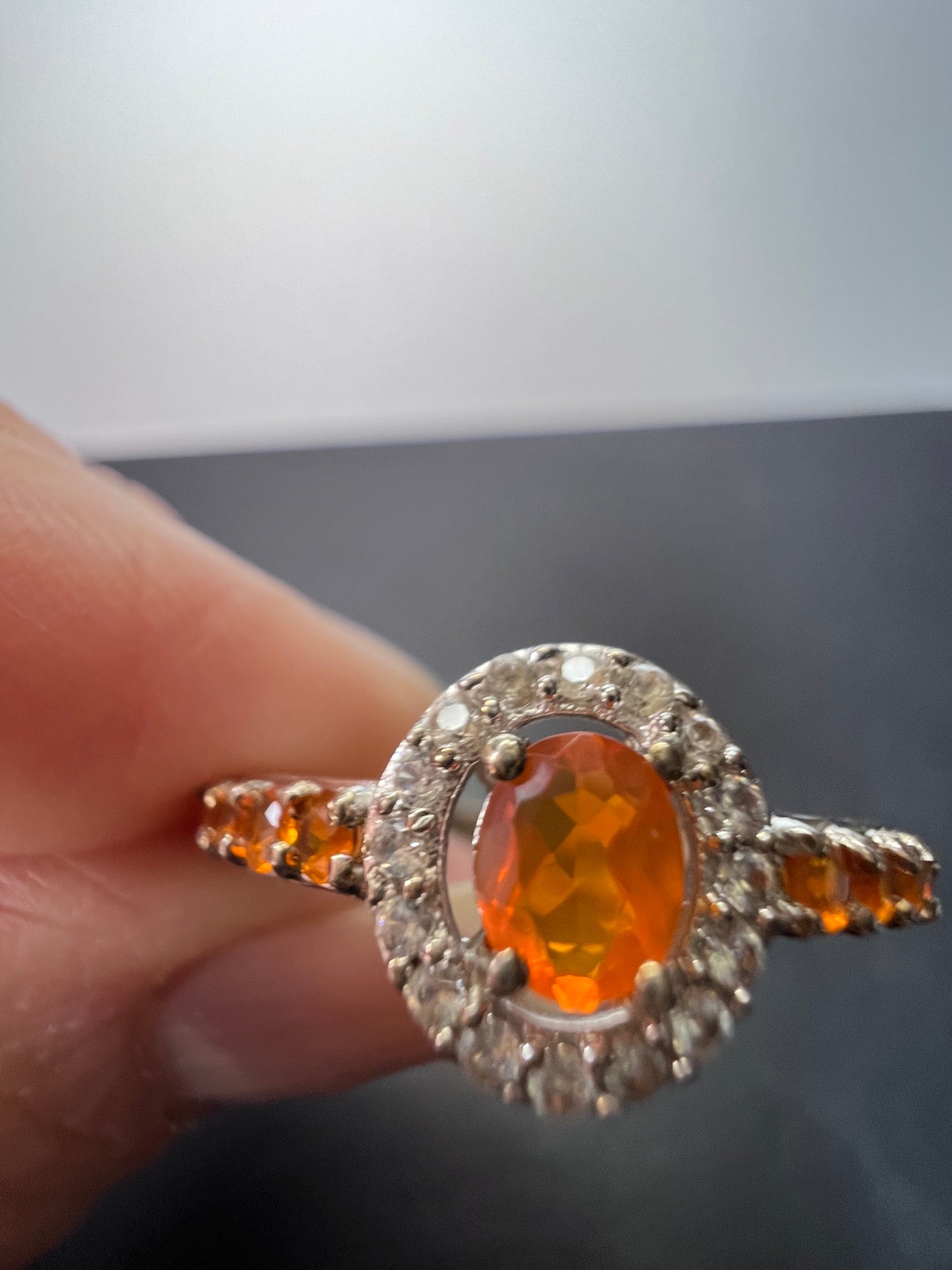 Mexican fire opal halo ring in sterling silver size 9