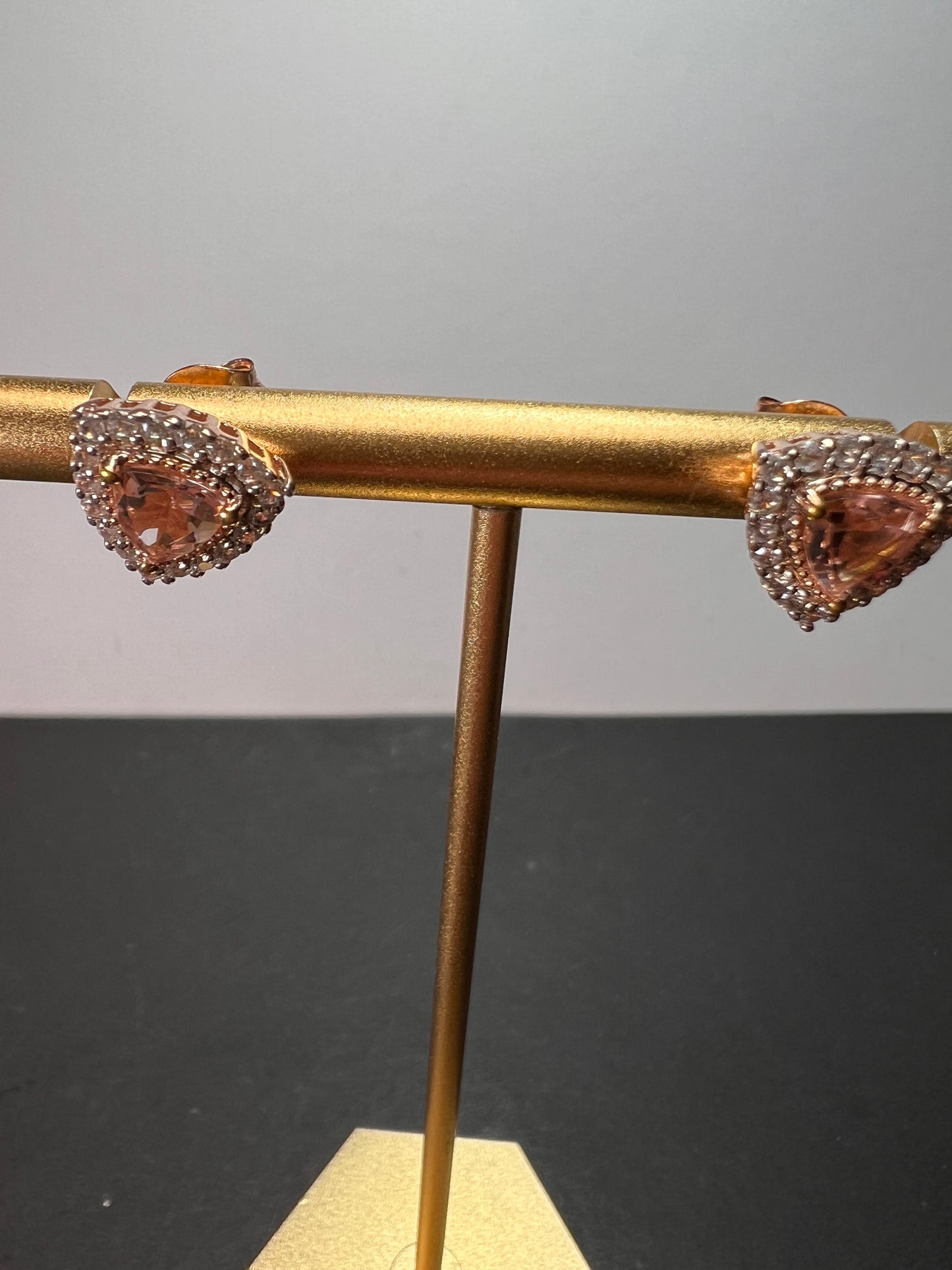 Morganite and zircon trillion halo rose gold over sterling stud earrings