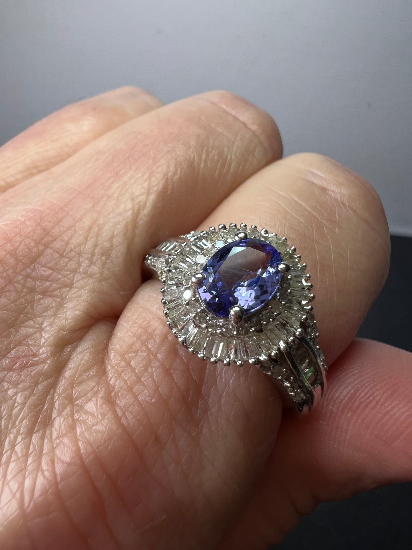 AAA Tanzanite and Diamond  Double Halo Ring in Platinum Over Sterling Silver, Oval Engagement Ring size 10