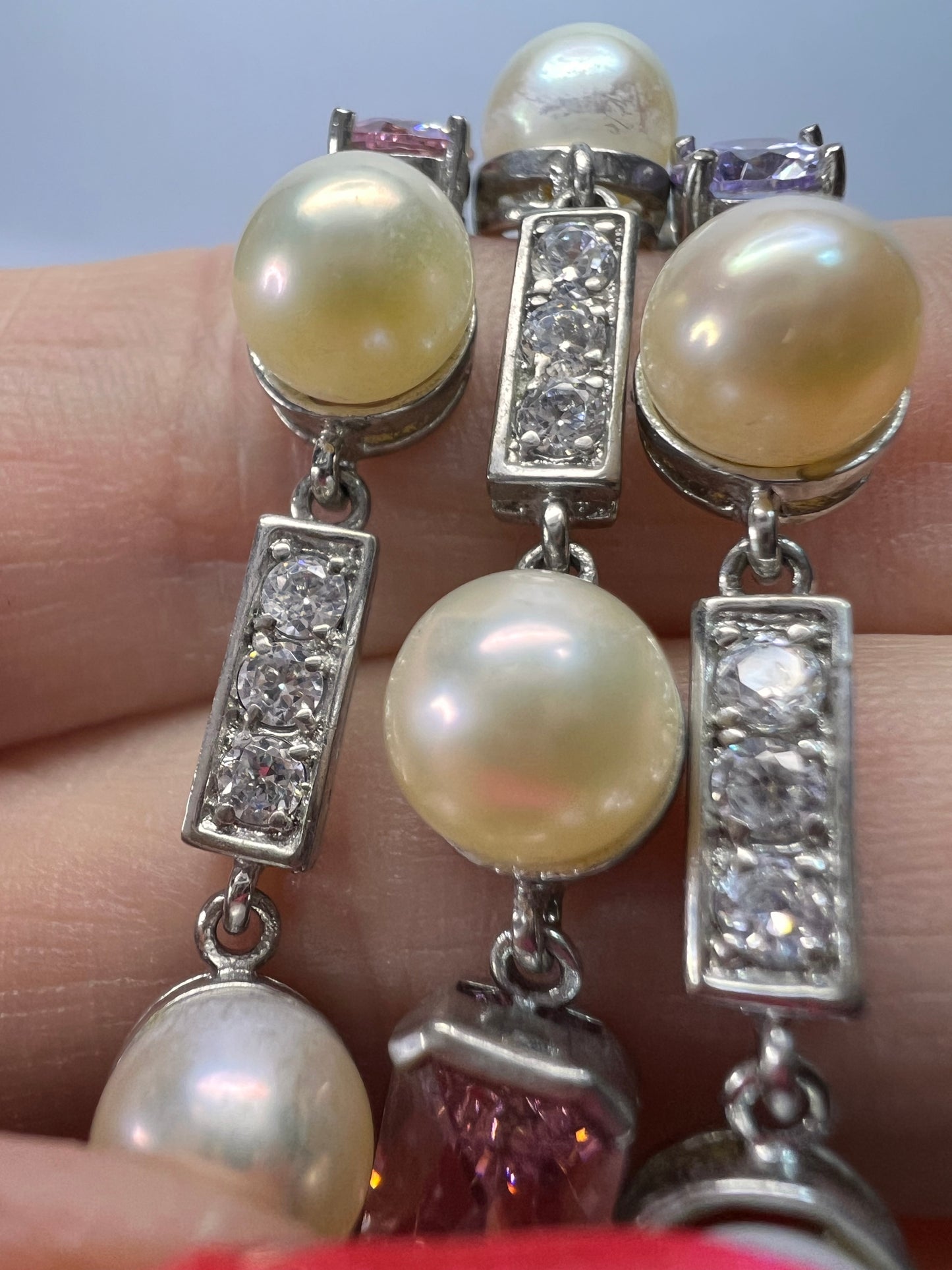 Multi color CZ and cultured pearl sterling silver toggle bracelet