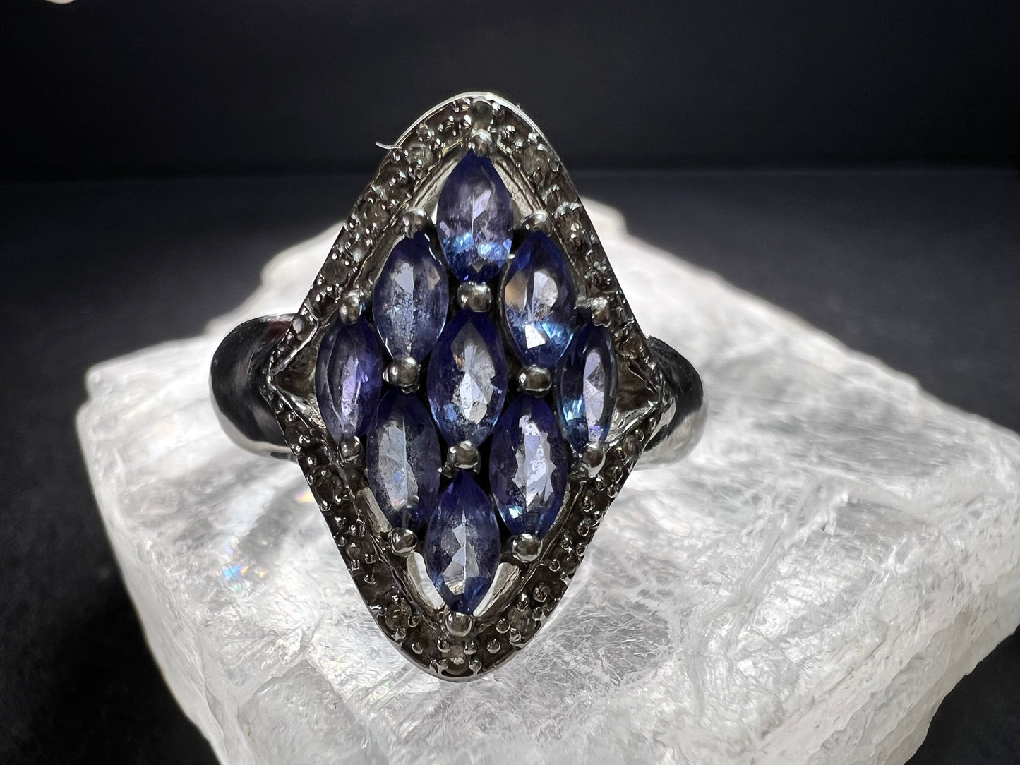 Vintage Tanzanite Diamond Sterling Silver Marquise Ring Size 9