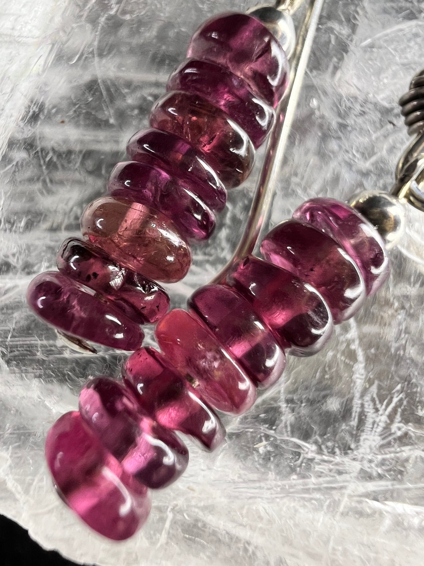 Sterling Silver Pink Rubellite Tourmaline Heishi Drop Earrings