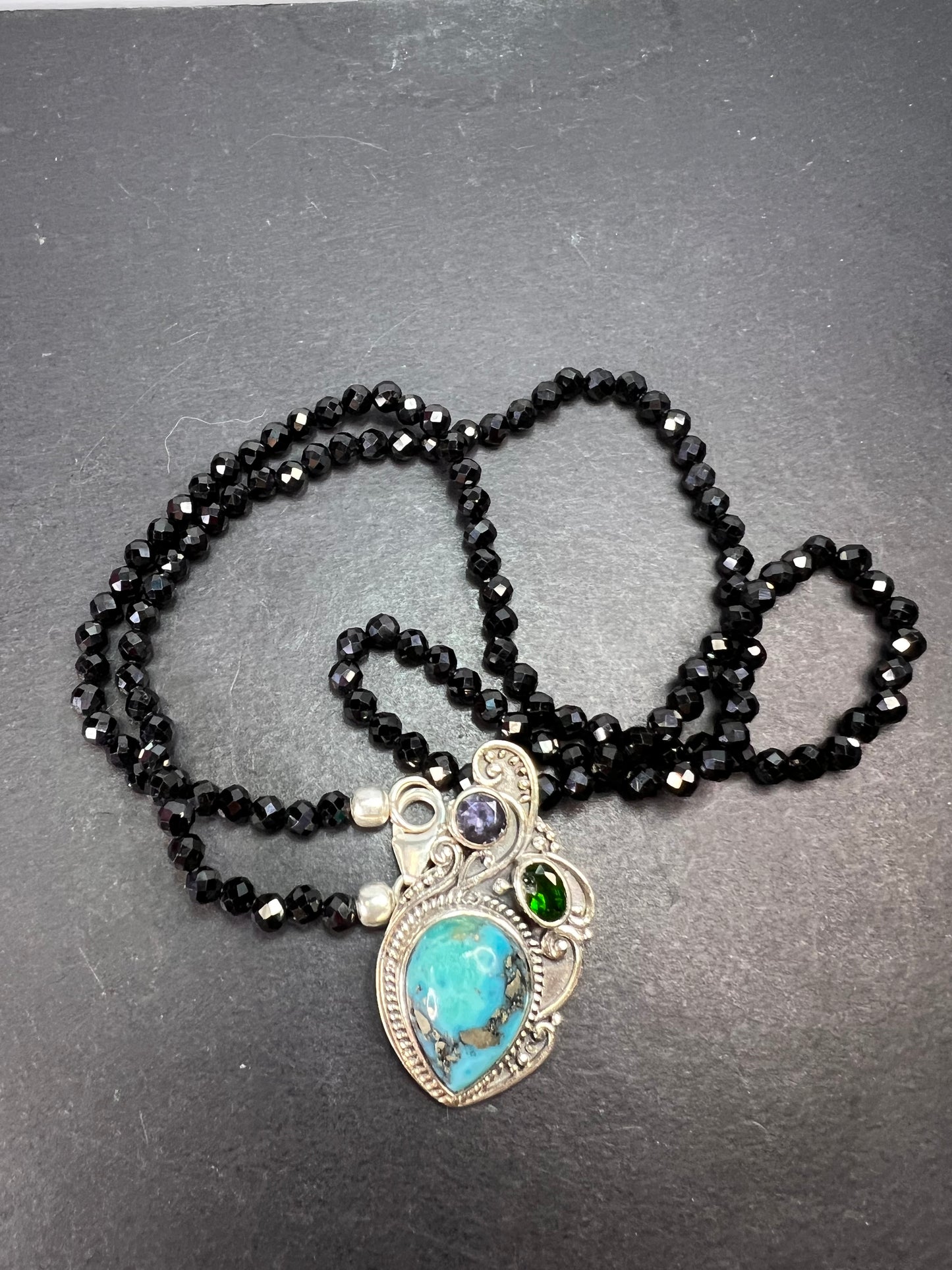 Black spinel and turquoise multi gem sterling silver pendant necklace