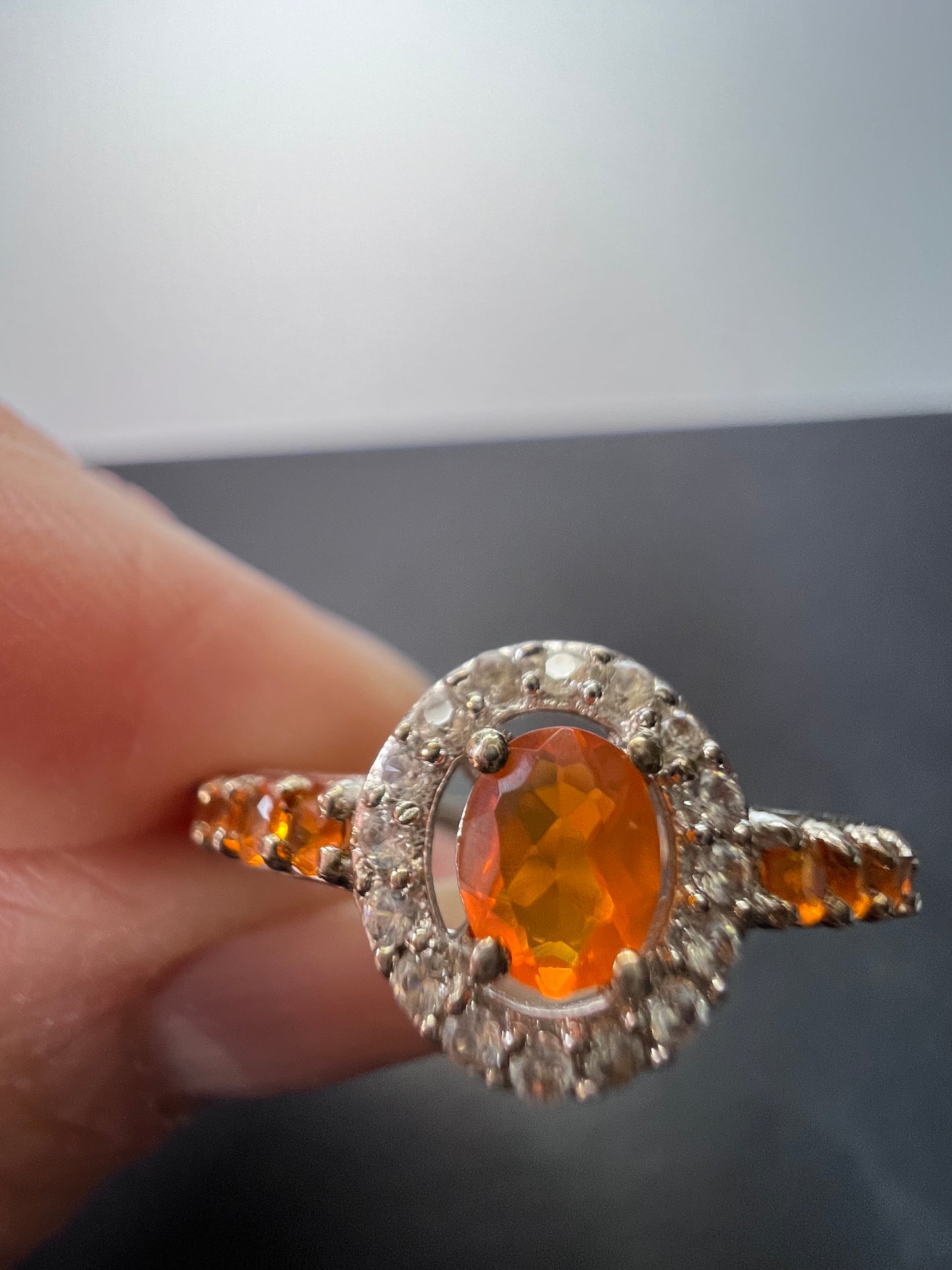 Mexican fire opal halo ring in sterling silver size 9