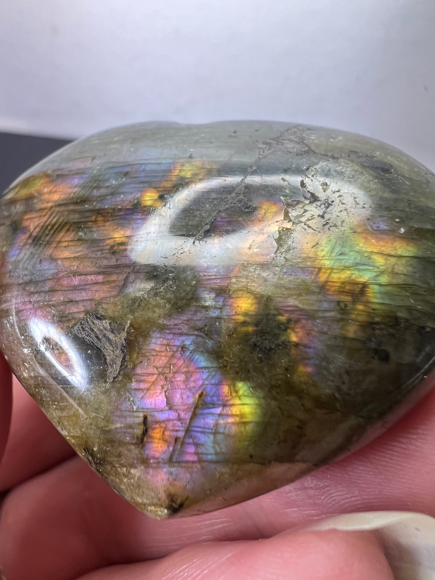 Labradorite heart with pink purple flash