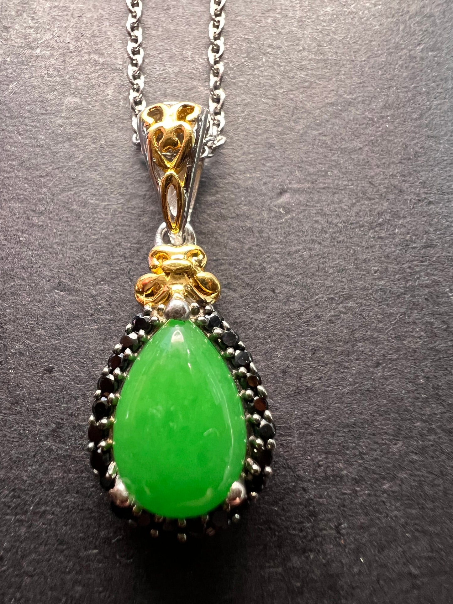 Green Jade and black spinel teardrop two toned sterling silver pendant and chain necklace