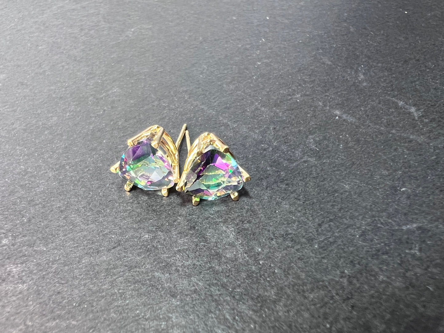 14k gold trilliant mystic fire topaz stud earrings