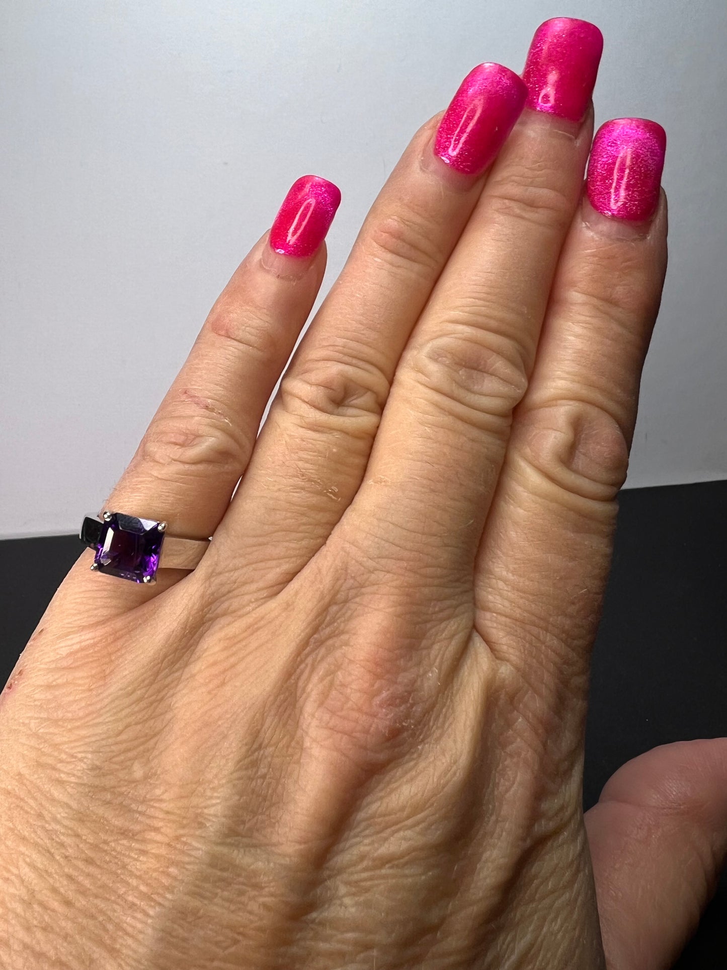 Asscher cut Moroccan amethyst solitaire ring in platinum over sterling silver size 5 *NEW*