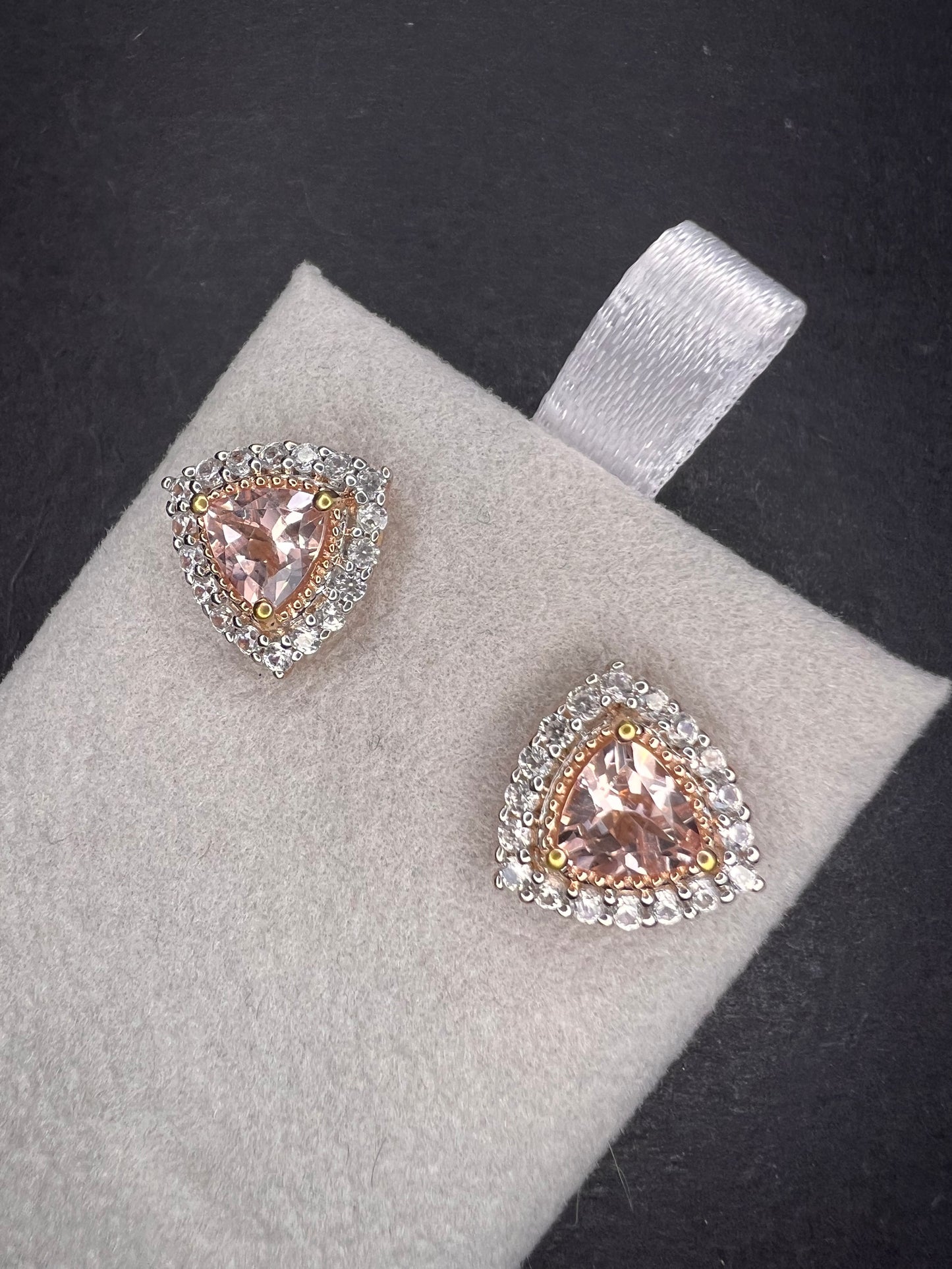 Morganite and zircon trillion halo rose gold over sterling stud earrings