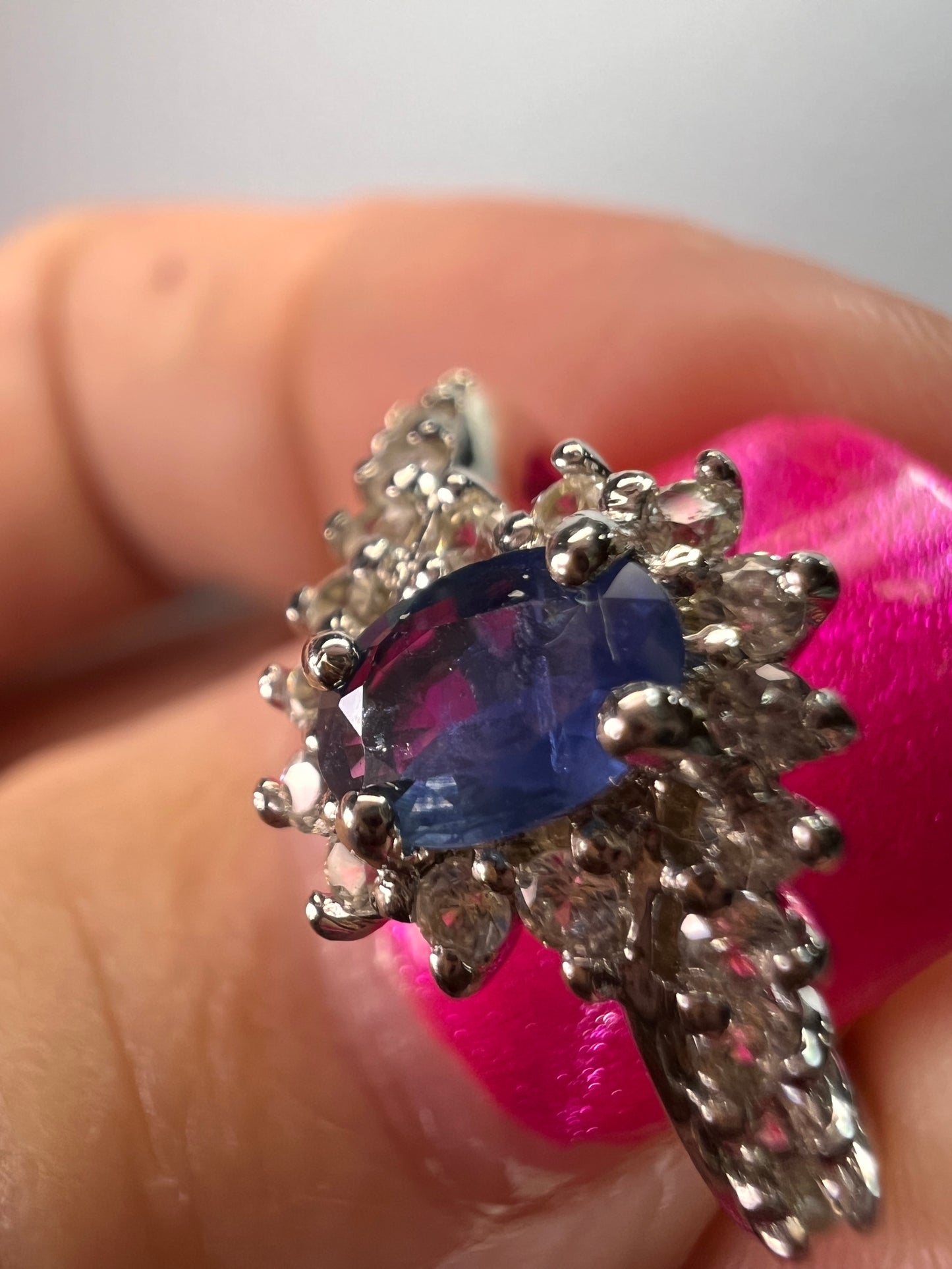 Blue sapphire and zircon floral ring in platinum over sterling silver size 5