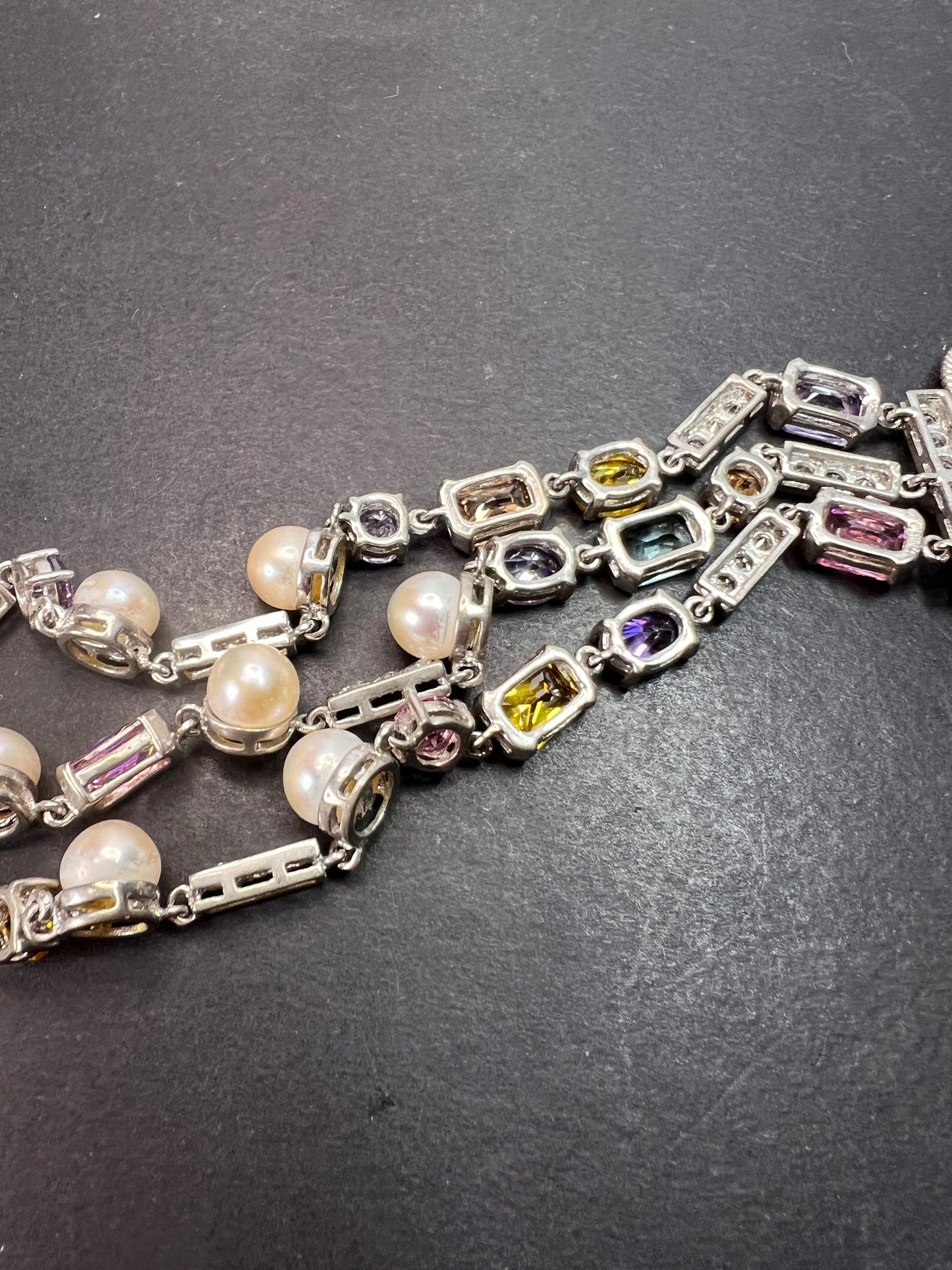 Multi color CZ and cultured pearl sterling silver toggle bracelet