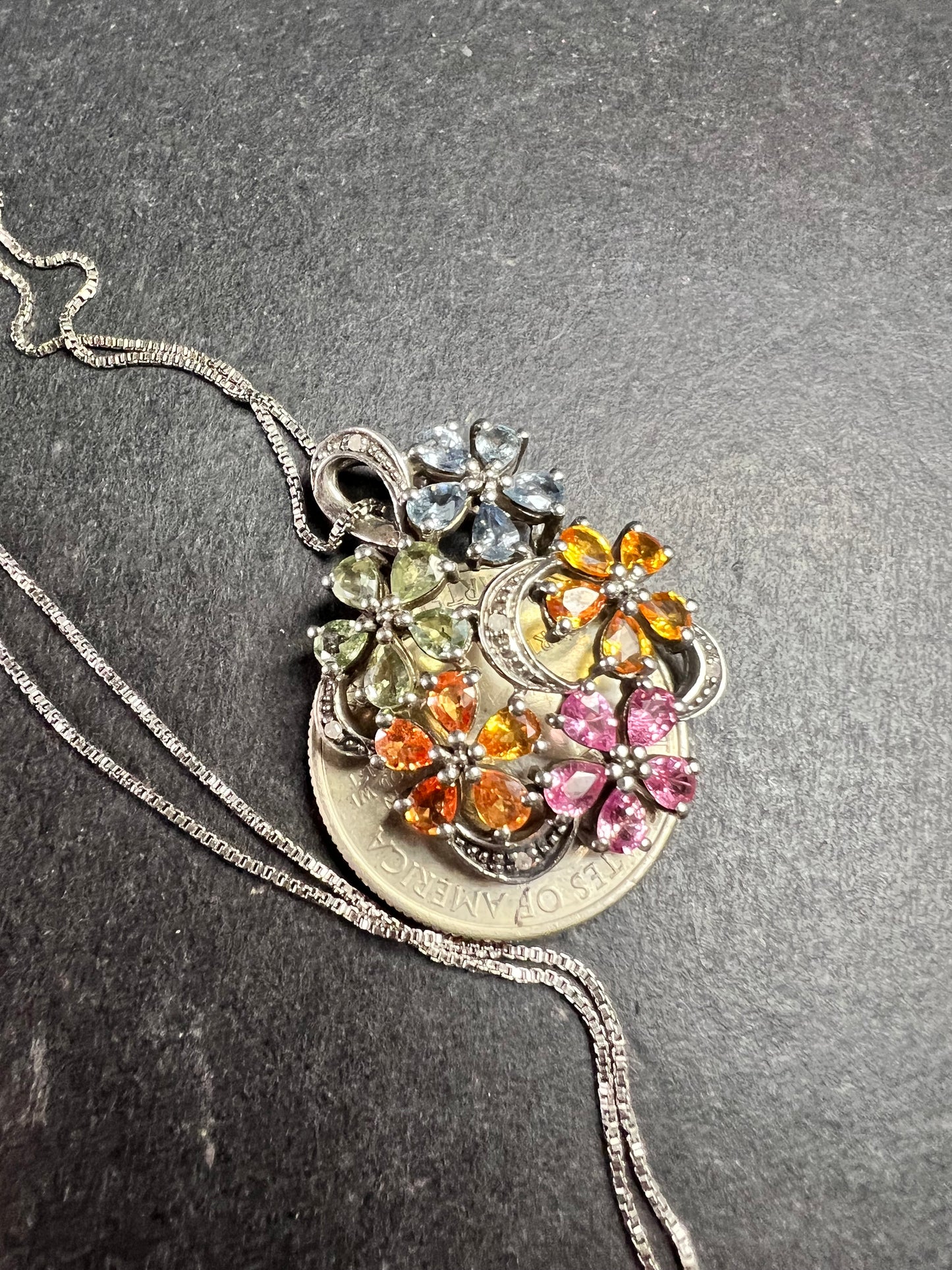 Vintage Sterling Silver Multi Sapphire & Diamond Flower Pendant