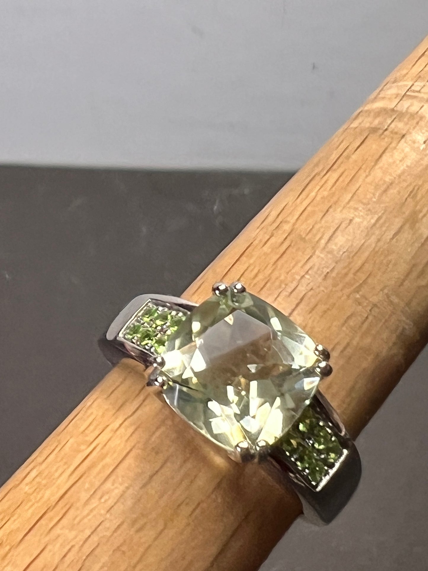 Green Prasiolite and tsavorite green garnet Rhodium Over Sterling Silver Ring 3.28ctw size 9