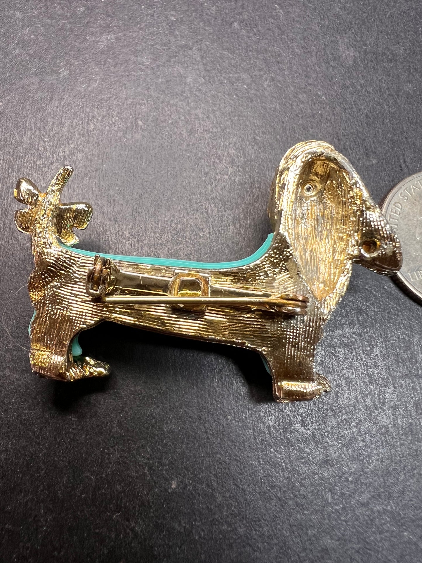 Vintage Gold Tone Dachshund Brooch Turquoise Lucite Rhinestones