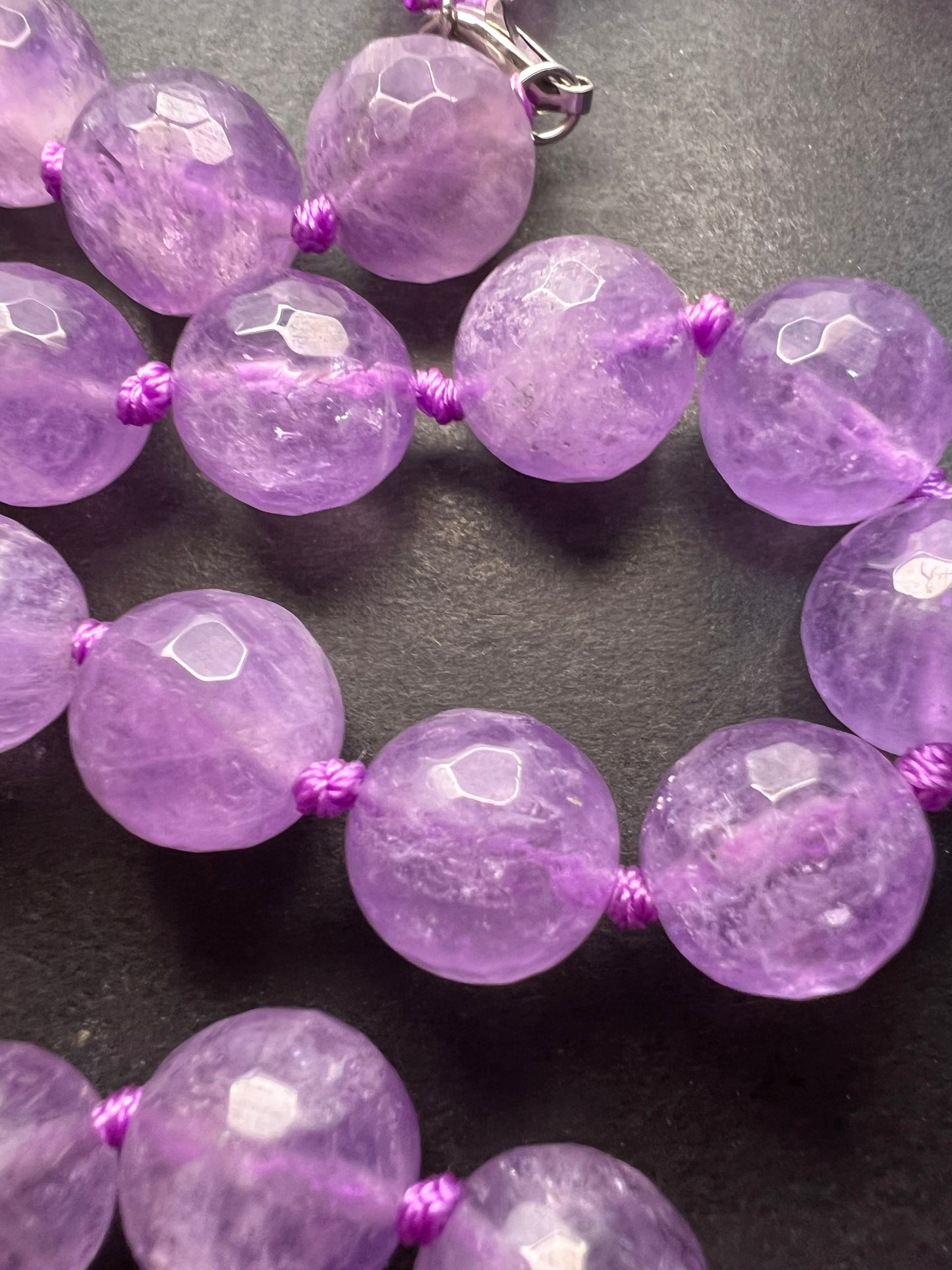 Faceted lavender amethyst knotted necklace with sterling clasp