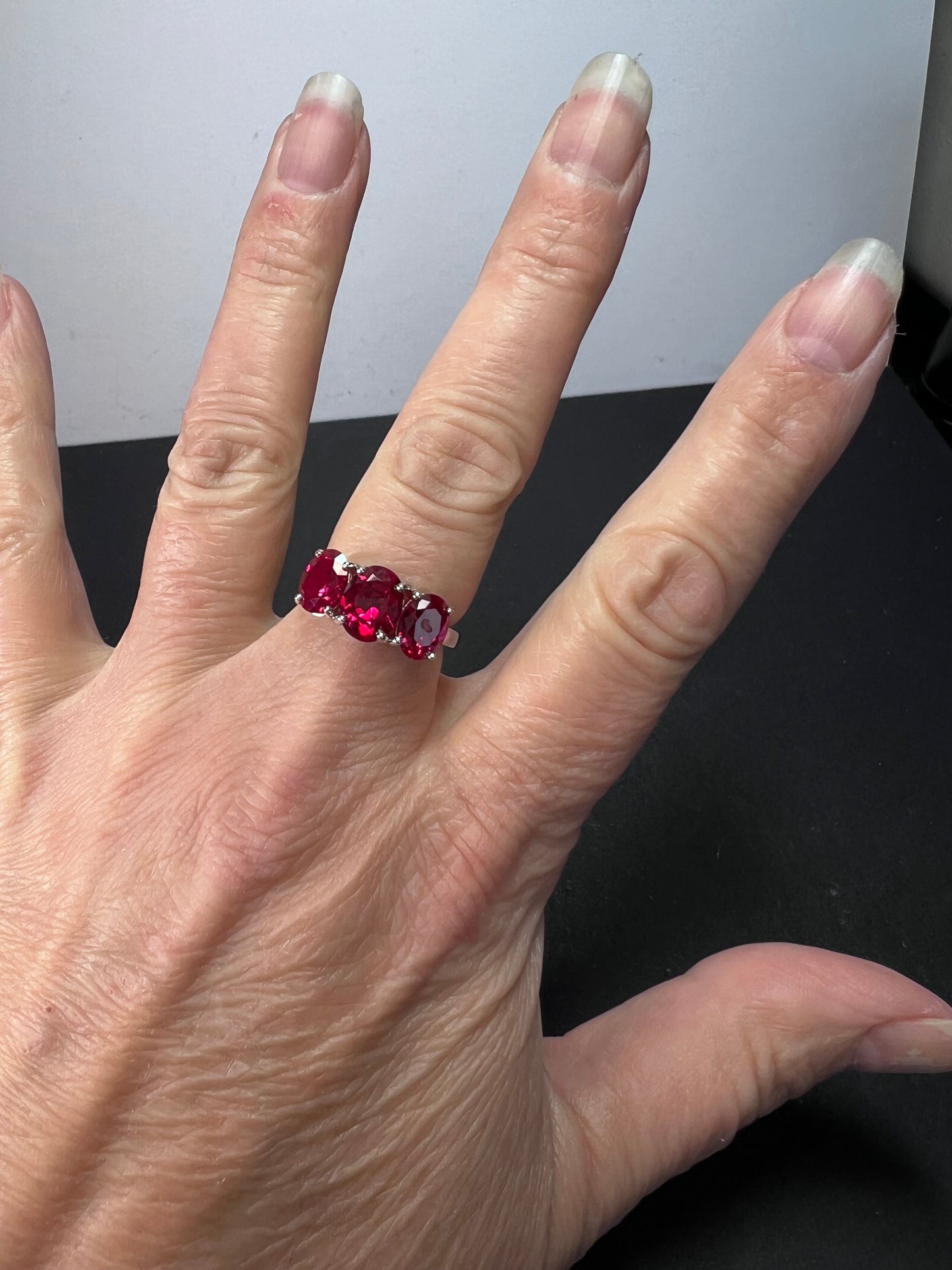 Lab created ruby and silver triple stone ring size 8