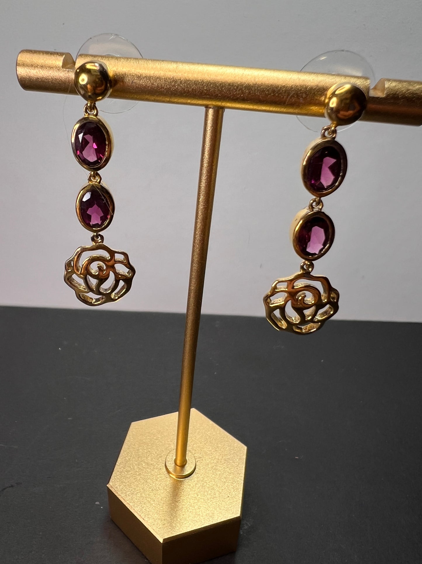 Grape rhodolite garnet dangle earrings in gold over sterling silver