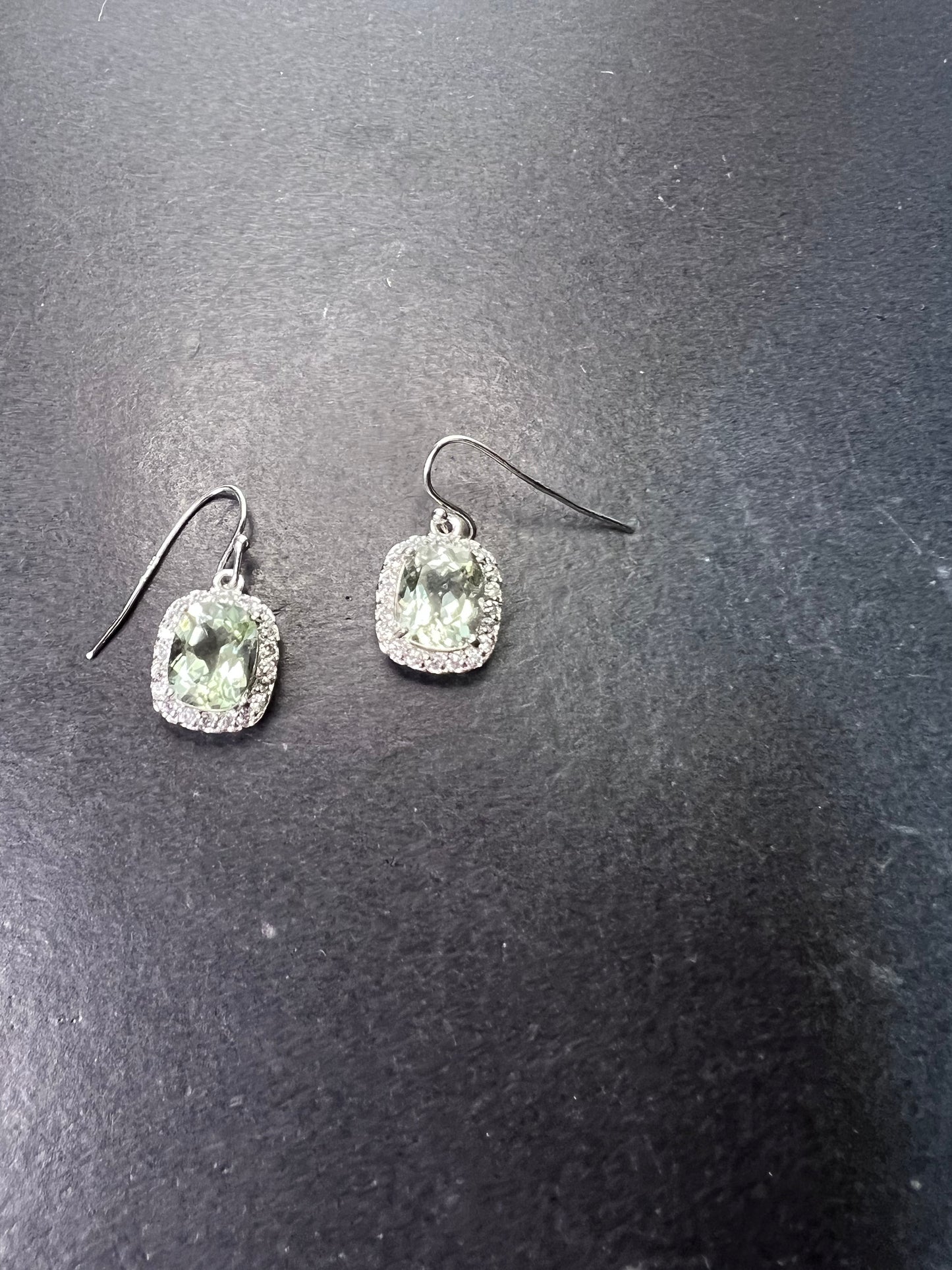 Prasiolite and zircon sterling silver halo earrings