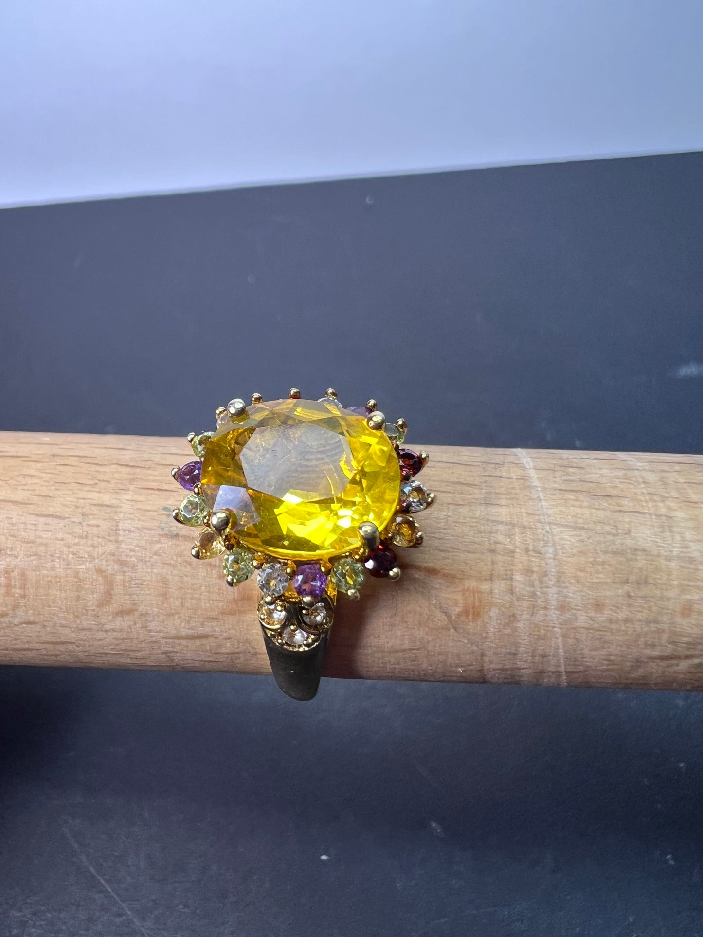 Yellow topaz multi stone gold over sterling silver halo cocktail ring size 8