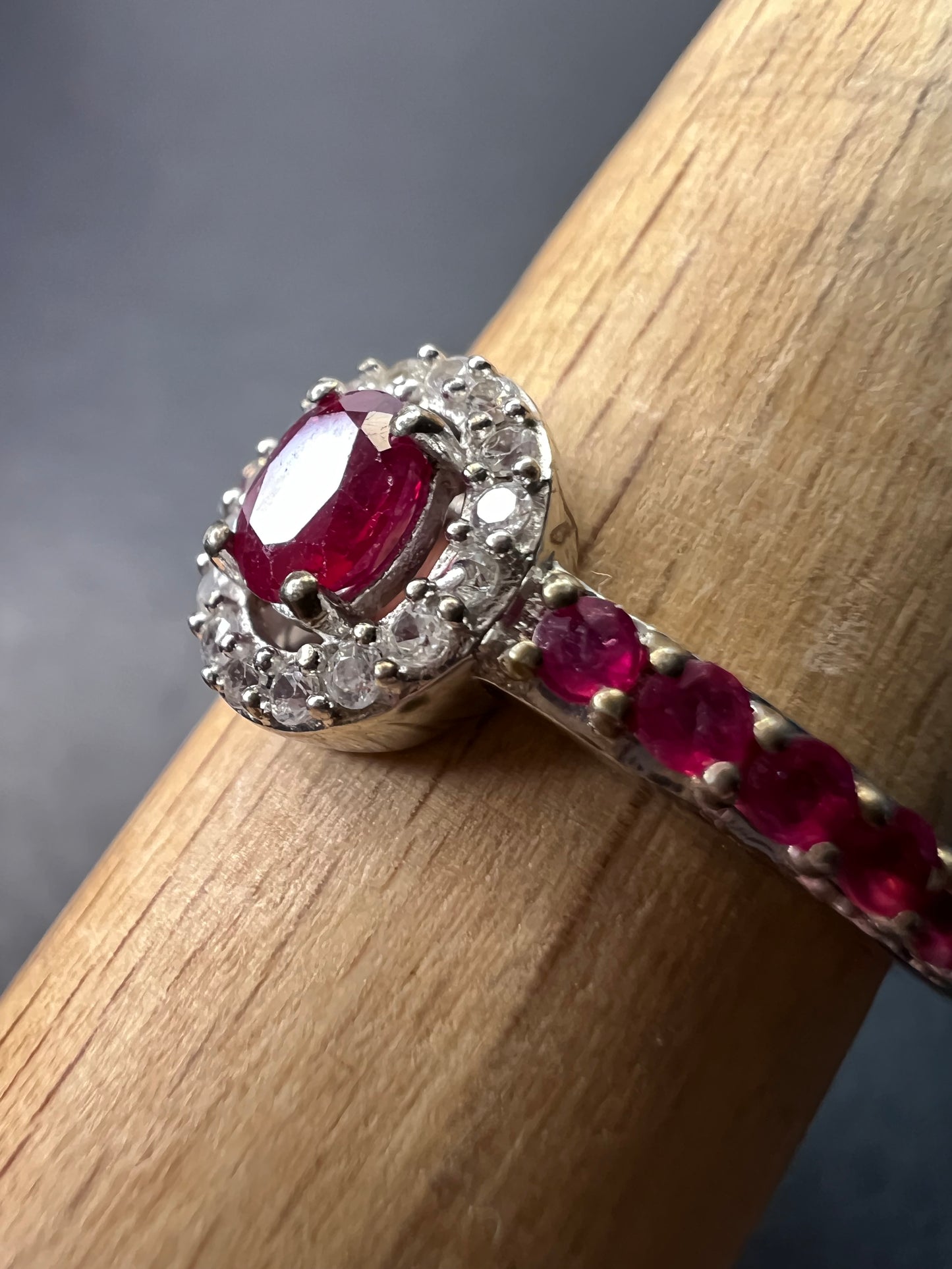 Ruby and zircon sterling silver halo ring size 9