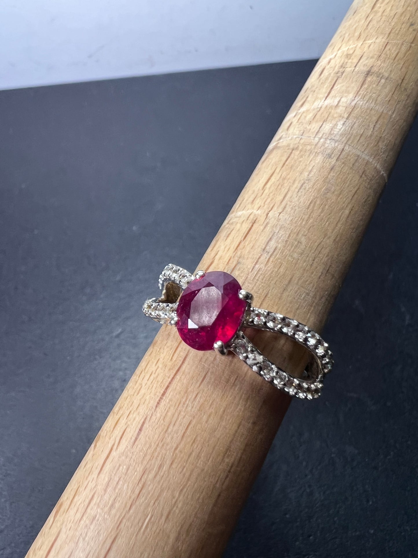 Ruby and zircon crisscross sterling silver ring size 9