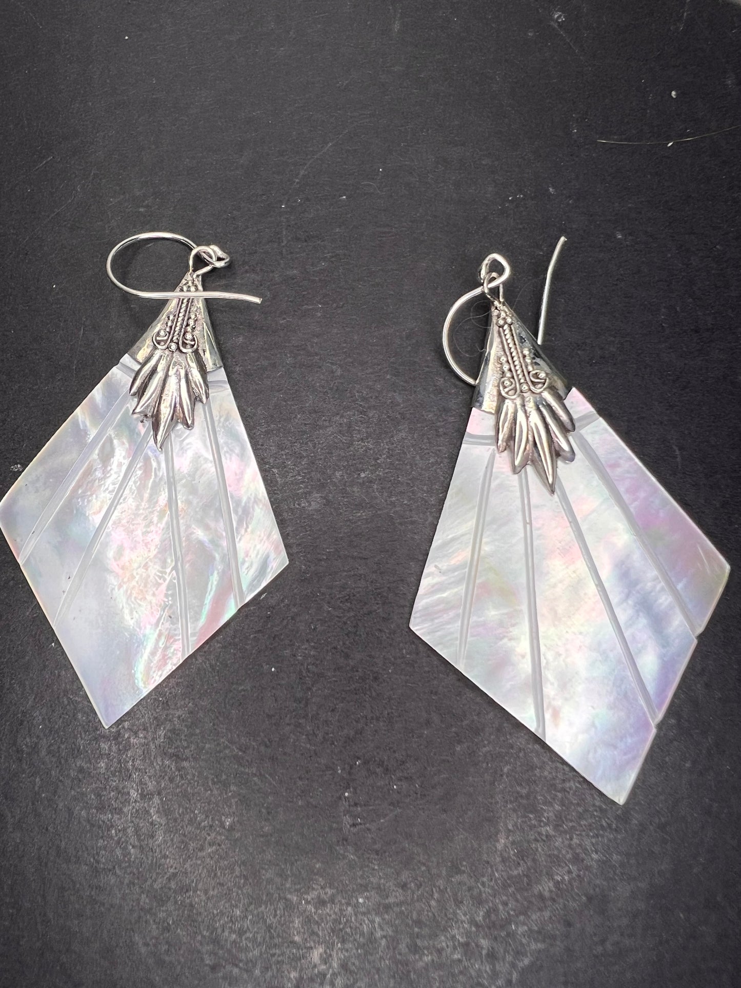 Mother of pearl sterling silver diamond dangle earrings