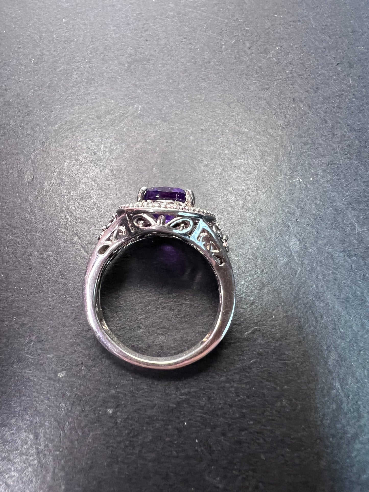 Amethyst and white spinel sterling silver halo ring size 9