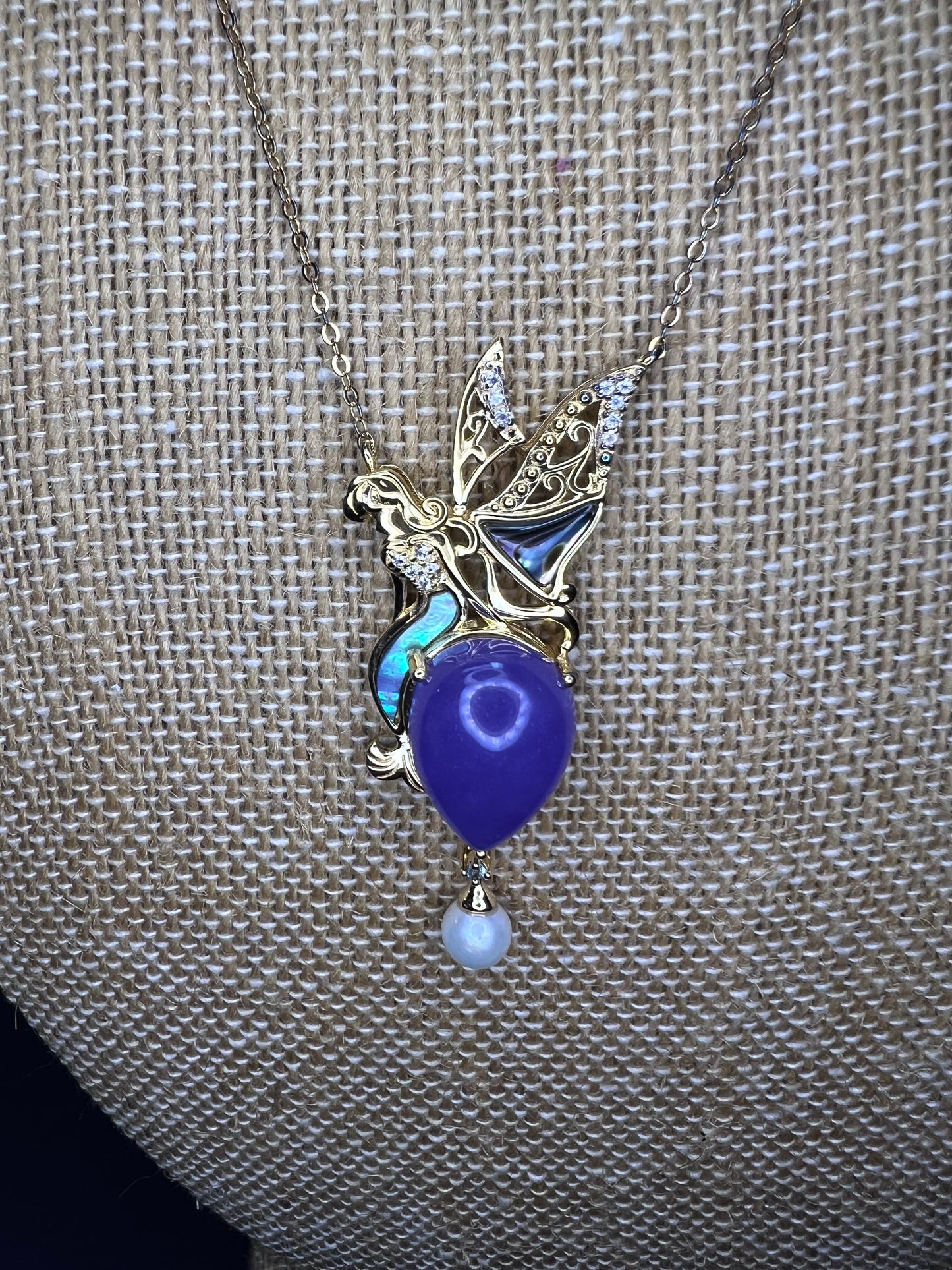 Fairy mermaid lavender jadeite , abalone and pearl pendant and chain necklace in gold over sterling silver.