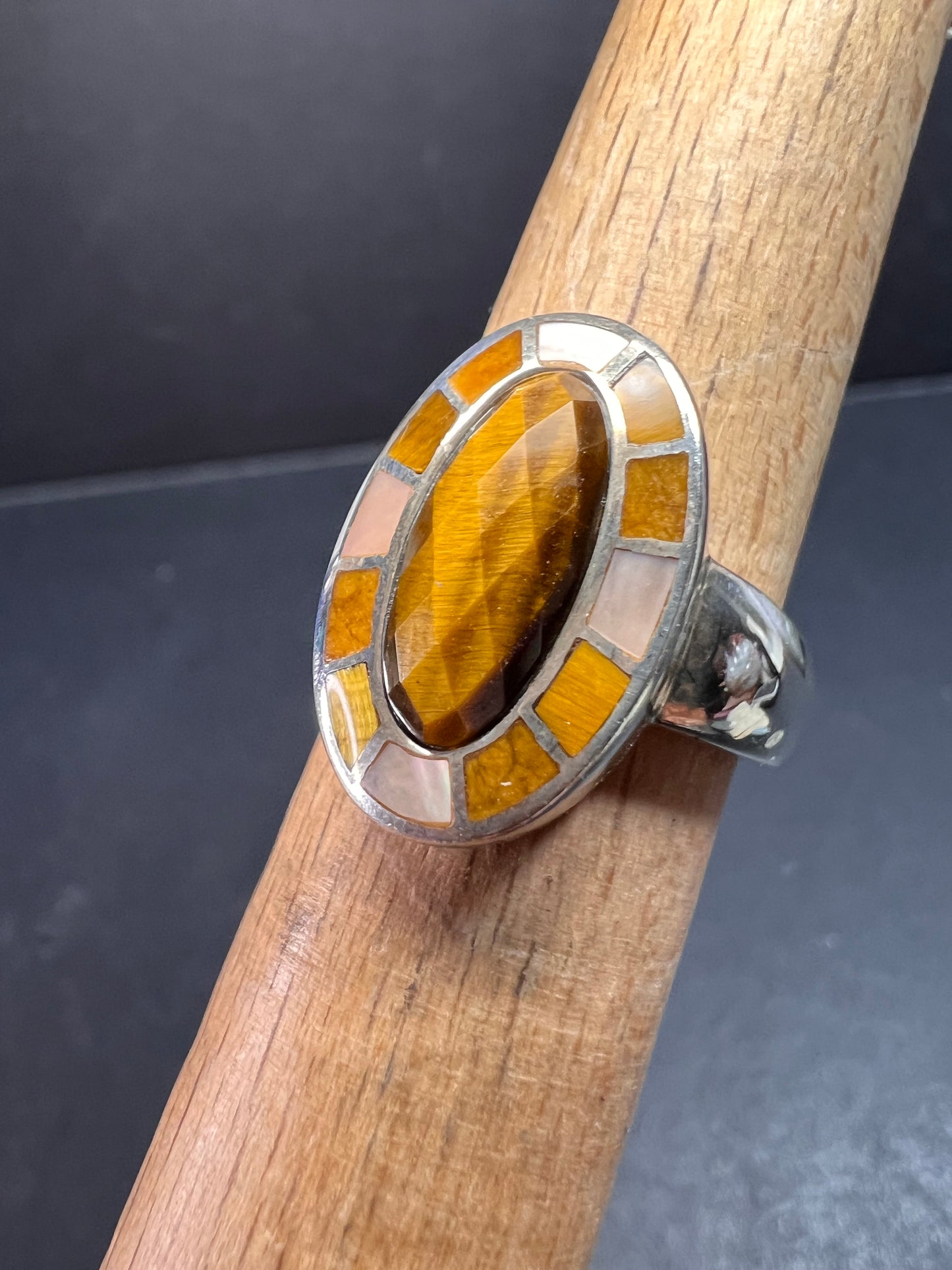 Whitney Kelly tigers eye and mother of pearl sterling silver ring size 7