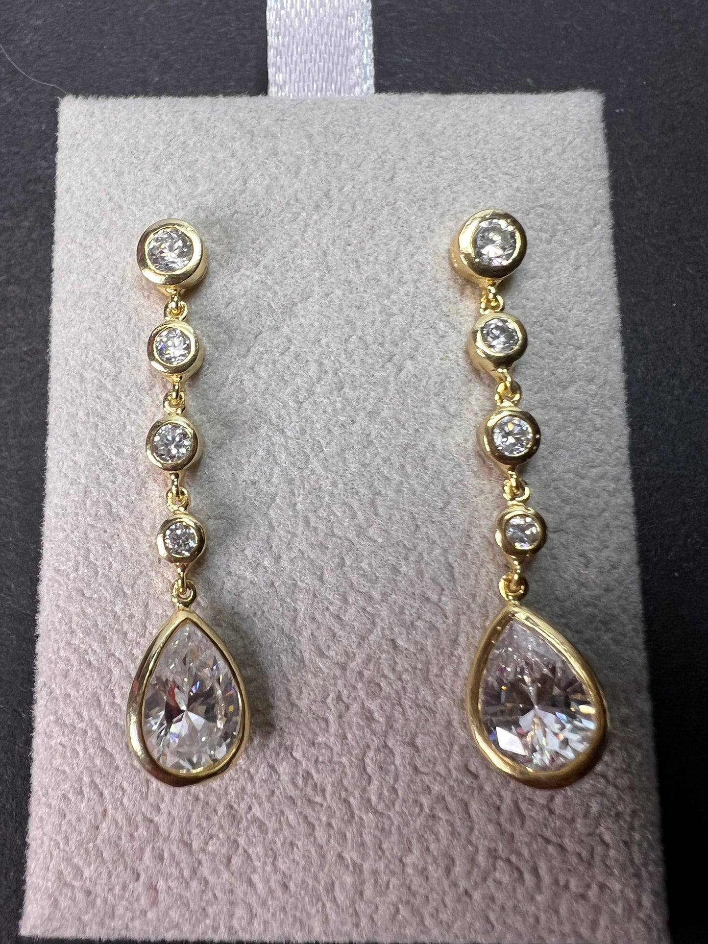 Long teardrop CZ earrings in gold over sterling silver