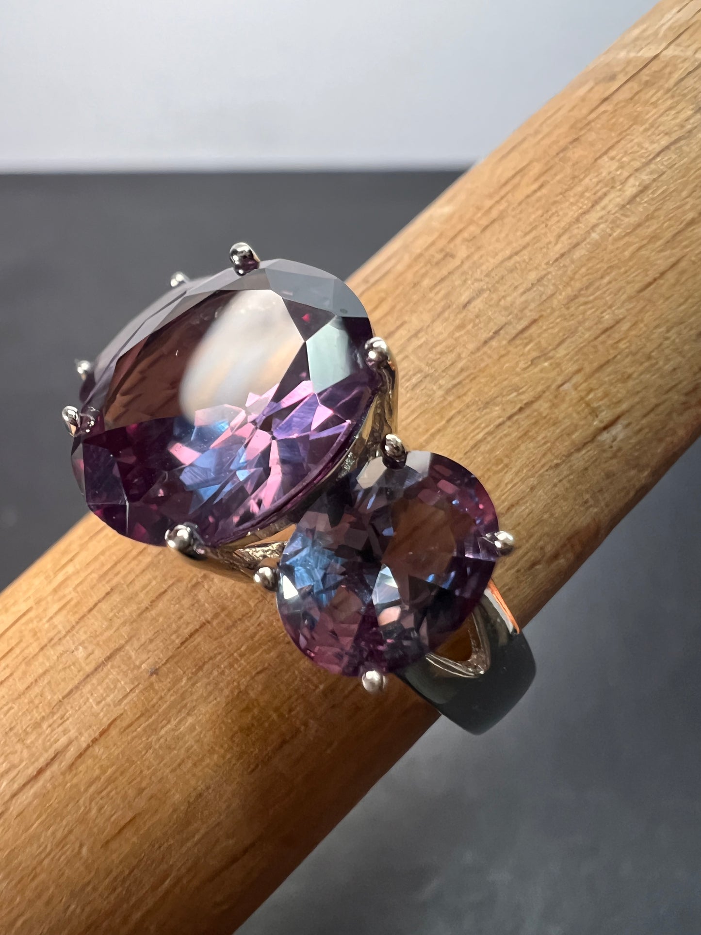 Lab created alexandrite trilogy ring in rhodium over sterling silver size 9