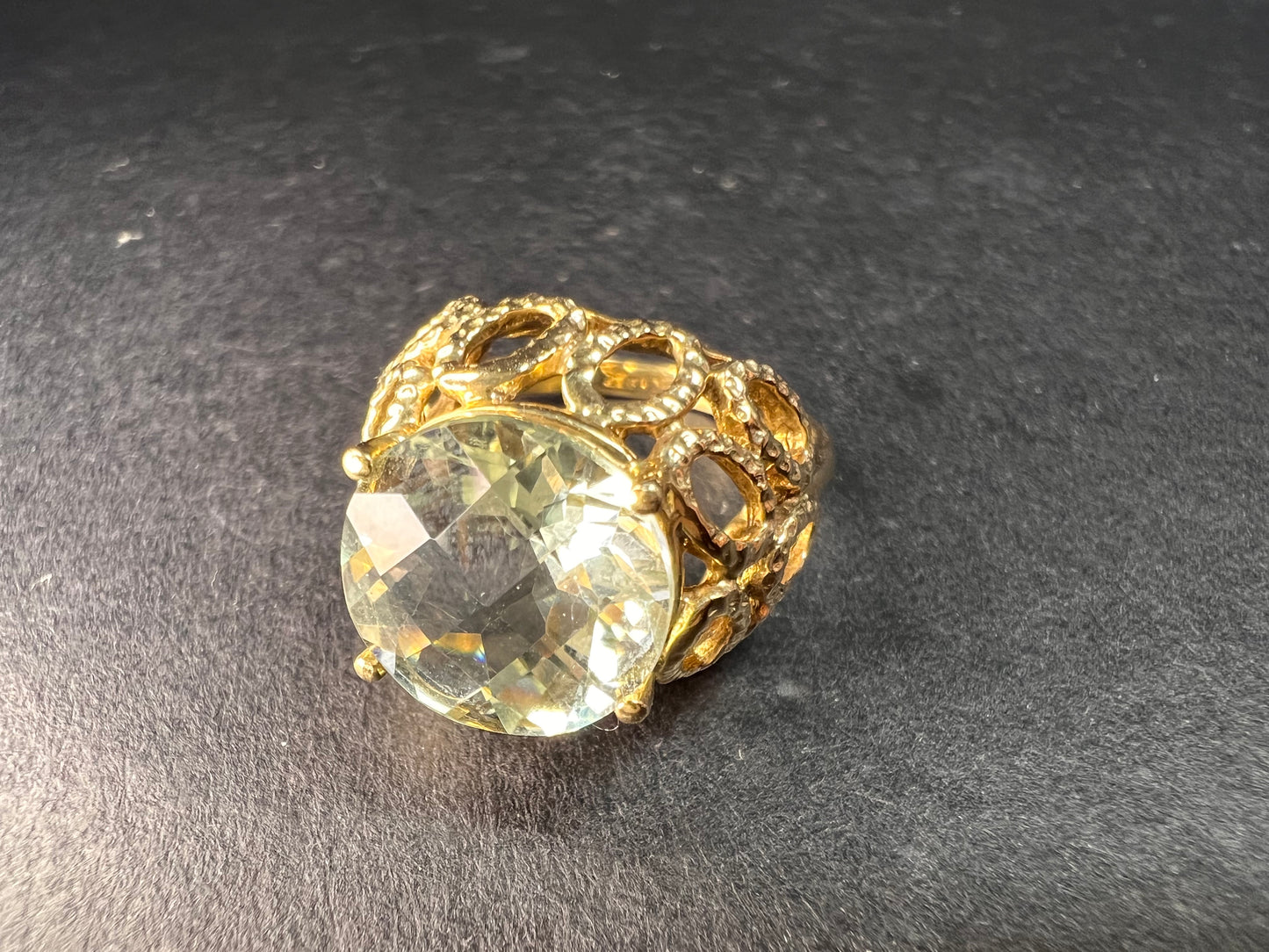 Vintage 10K Yellow Gold Prasiolite (Green Amethyst) Filigree Statement Ring Size 7