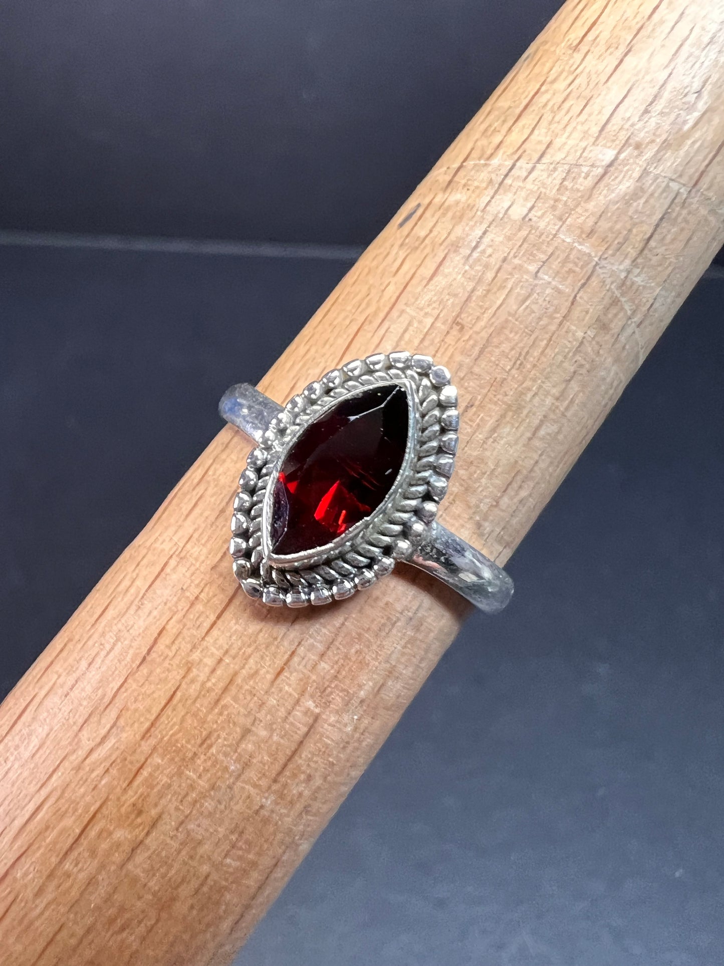 Red garnet marquise gemstone sterling silver ring size 8