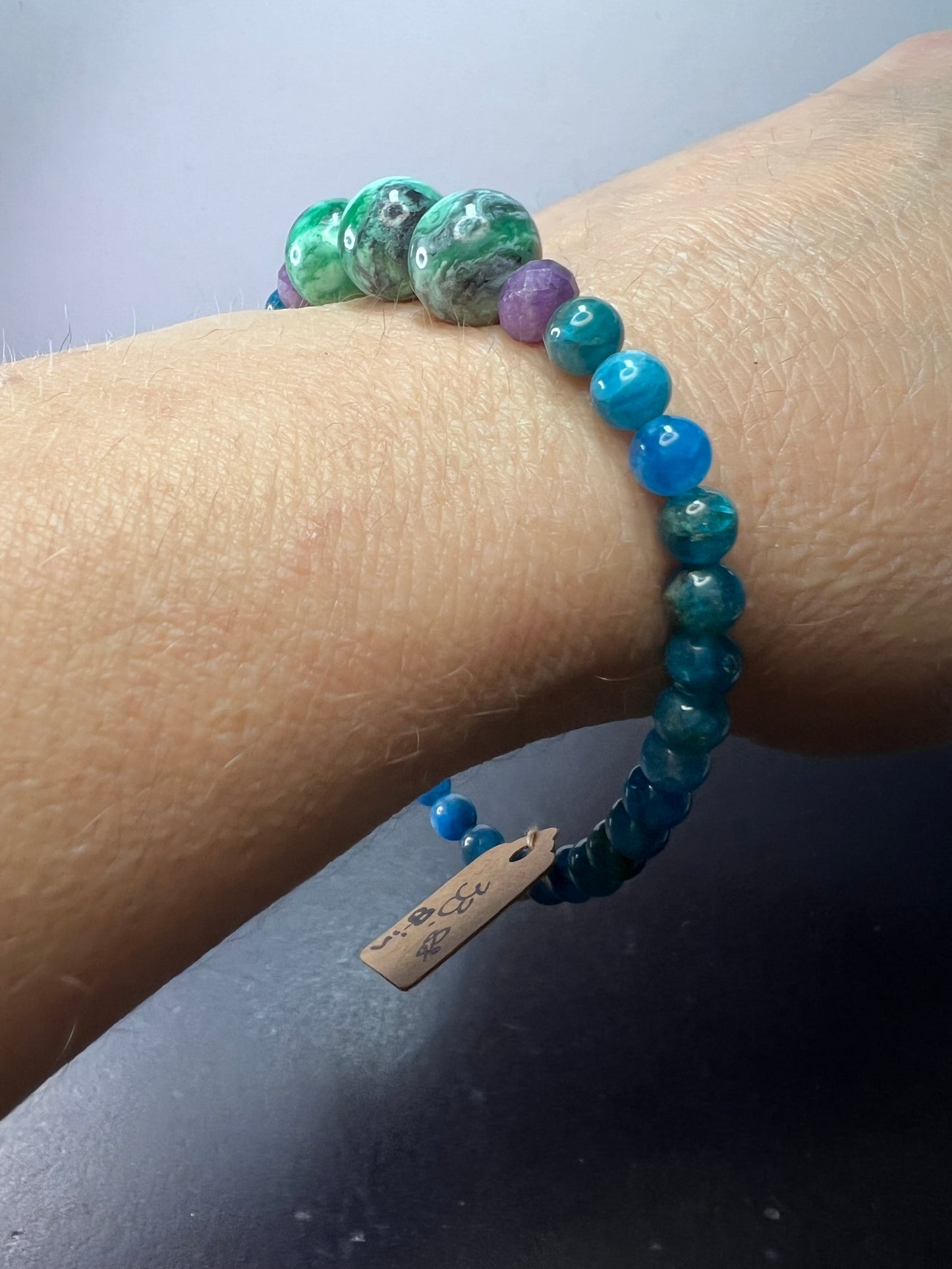 Blue apatite, lepidolite, and Mongolian variscite stretch bracelet 8 inches