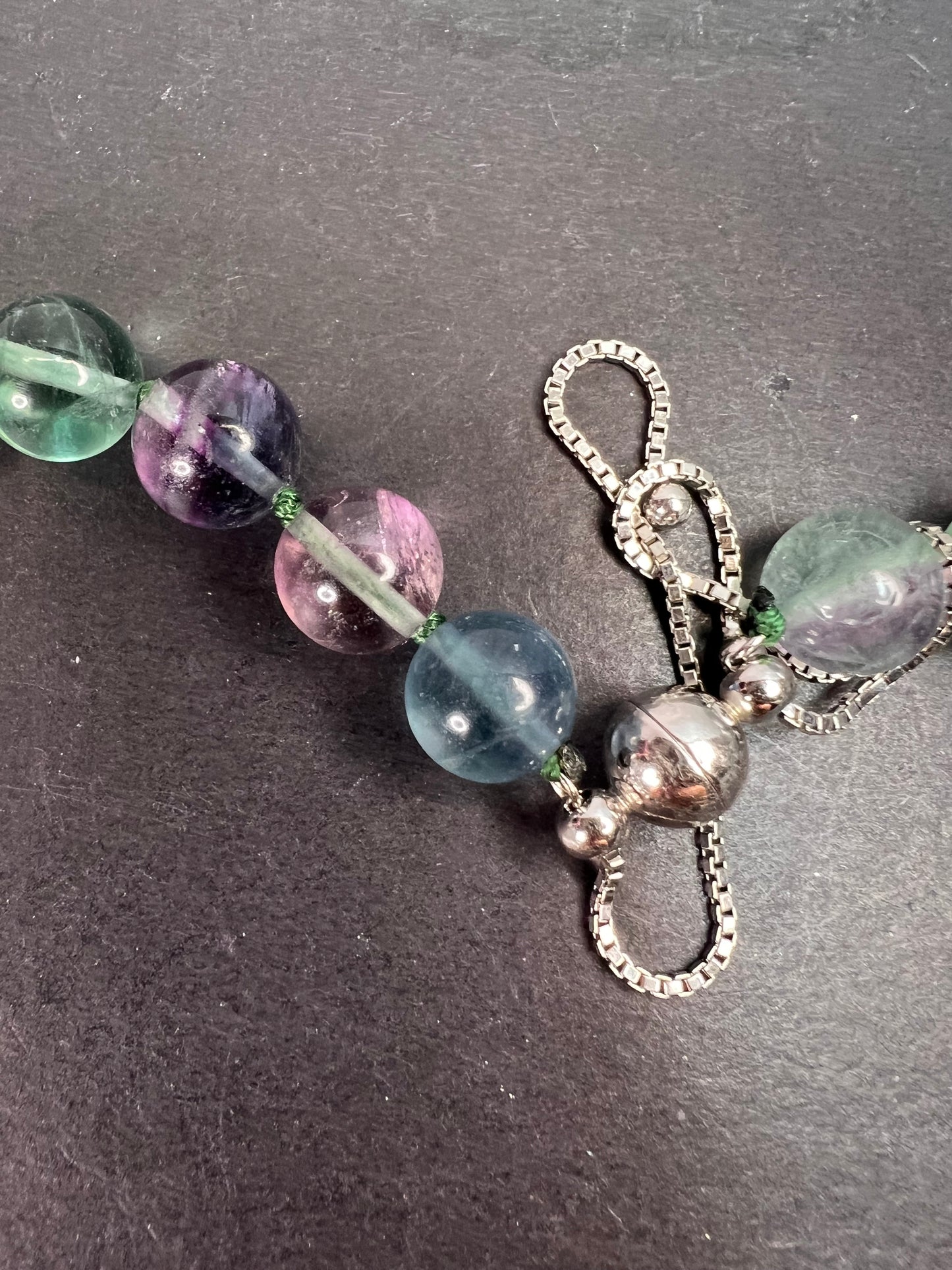 Fluorite knotted beaded bolo necklace with sterling silver magnetic clasp