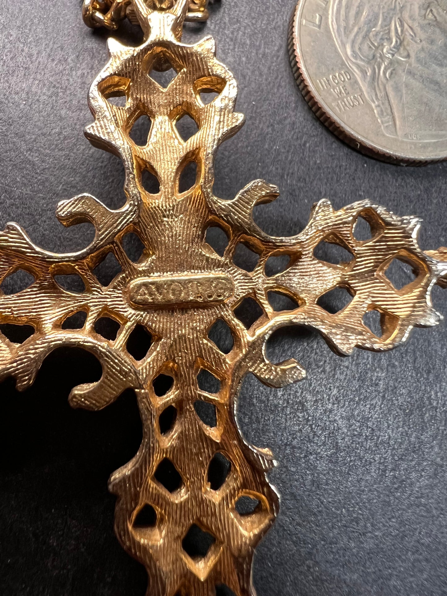 Vintage Avon Red Cabochon Filigree Cross Necklace 24”