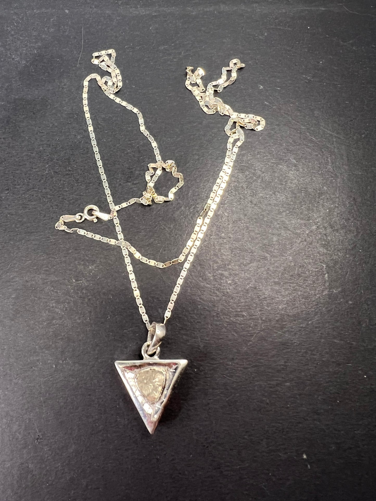 Downward triangle polki diamond pendant and chain necklace in platinum over sterling silver