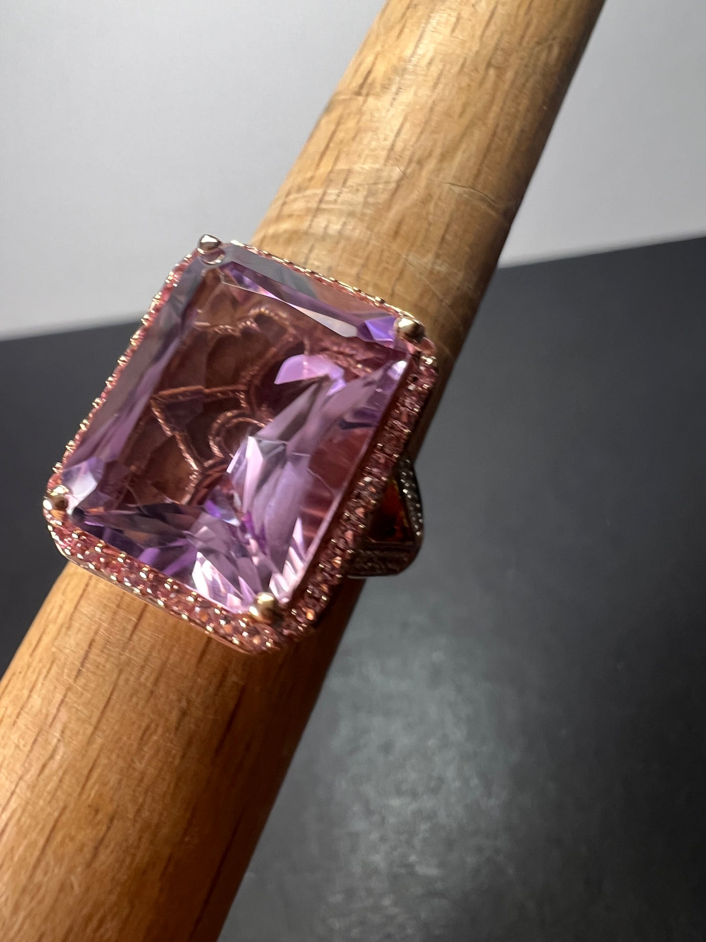 Radiant cut rose de France amethyst and pink sapphire halo ring in rose gold vermeil over sterling silver size 8 *NEW*