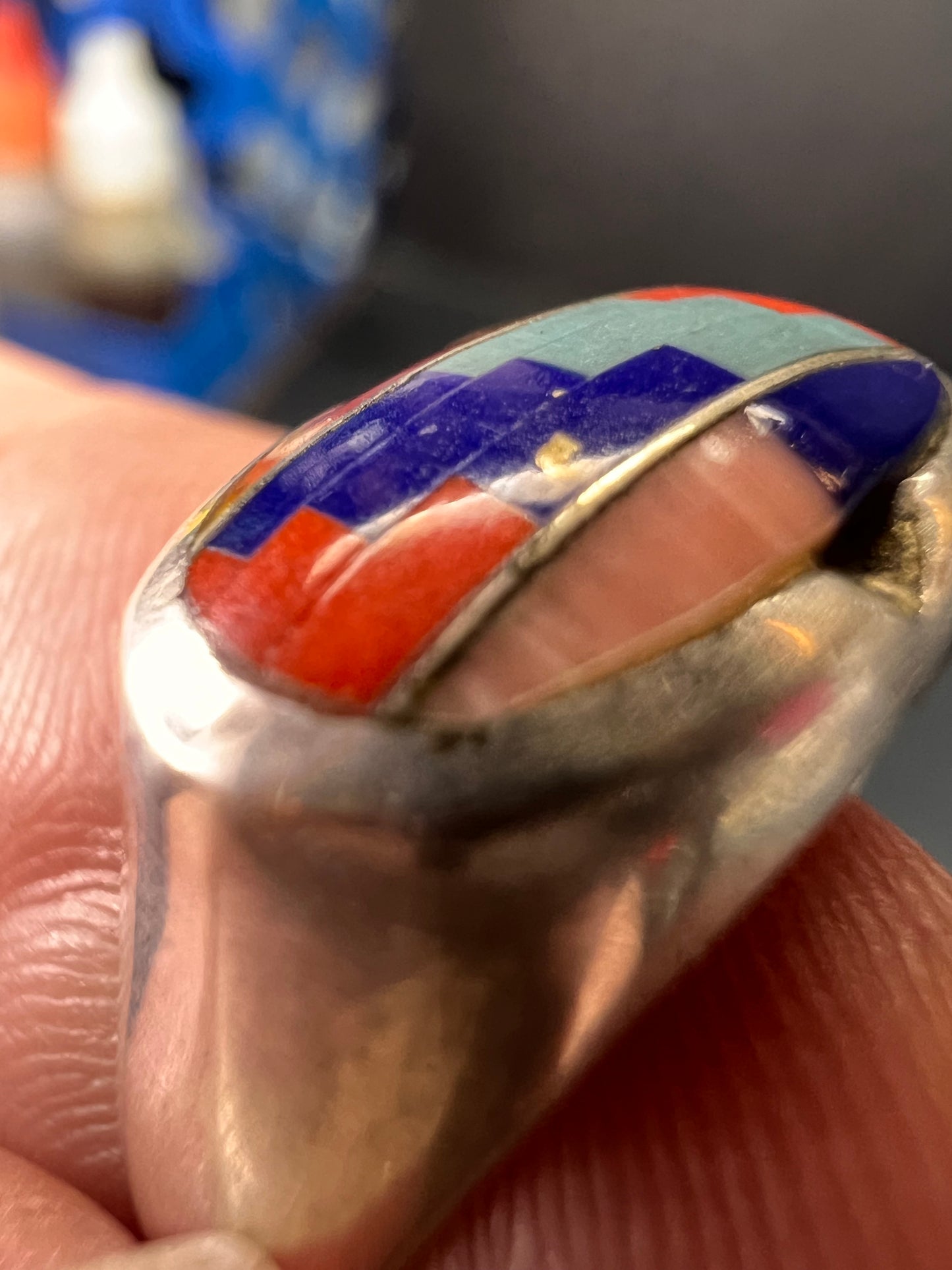 Vintage 925 Sterling Silver Southwest Mosaic Inlay Ring Size 7