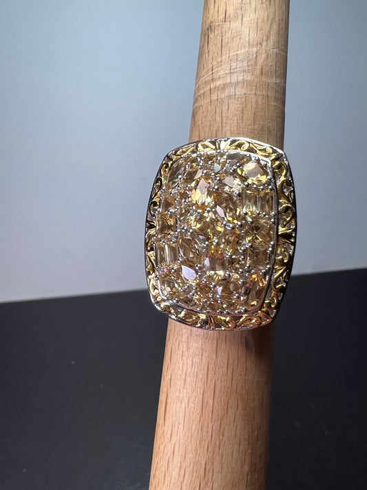 Big huge golden topaz two toned cocktail ring size 9