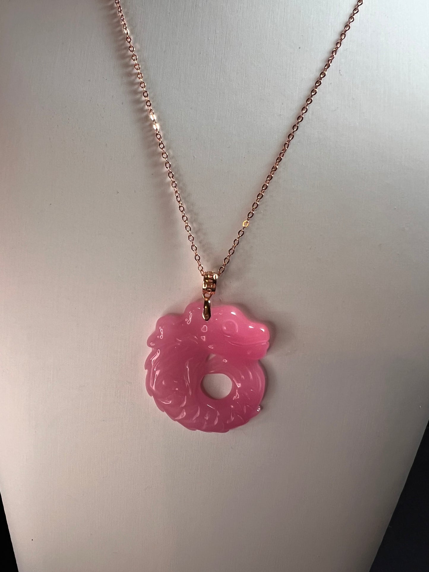 NEW Pink jade dragon pendant and 20 inch chain in rose gold over sterling silver