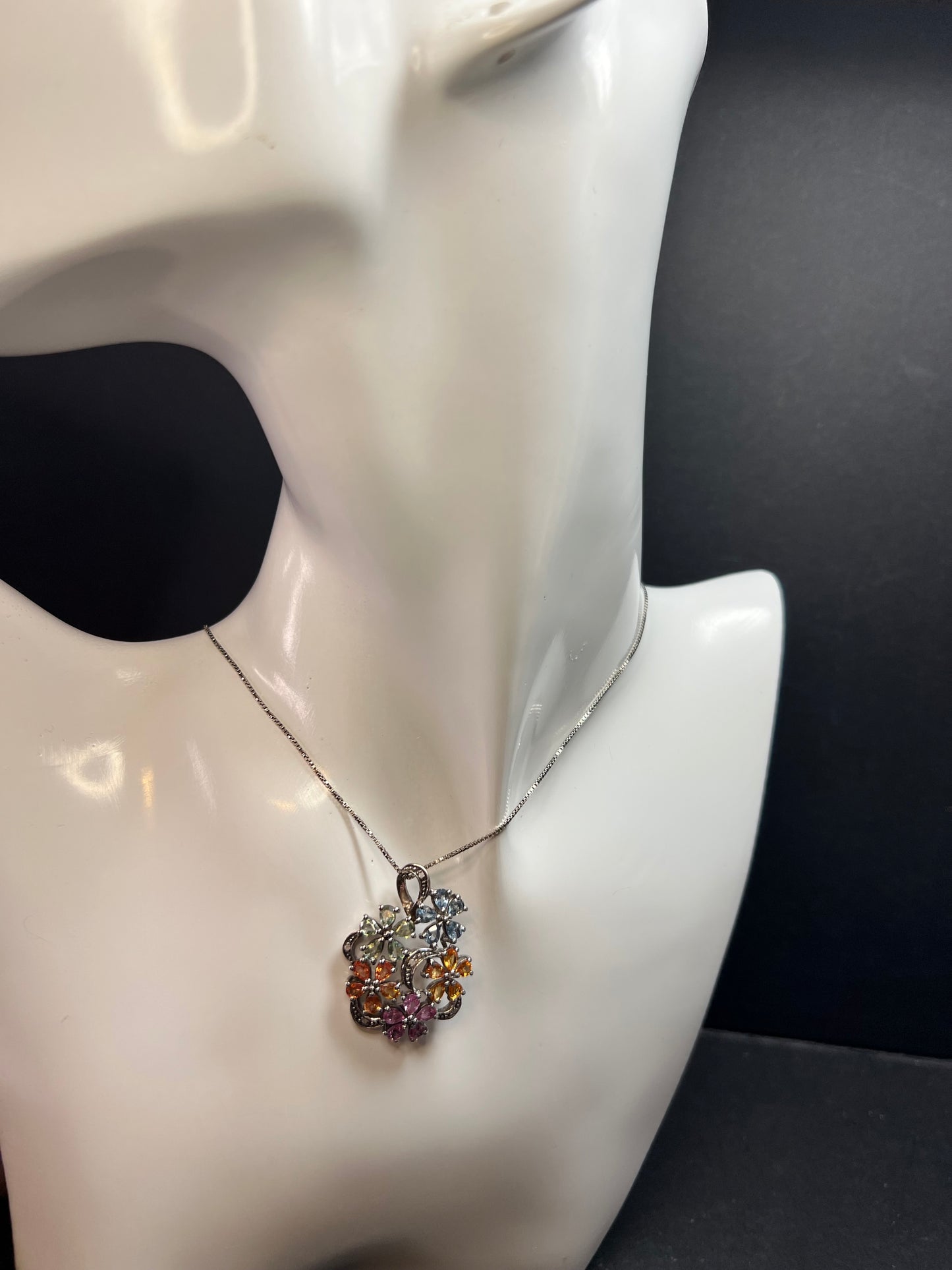 Vintage Sterling Silver Multi Sapphire & Diamond Flower Pendant