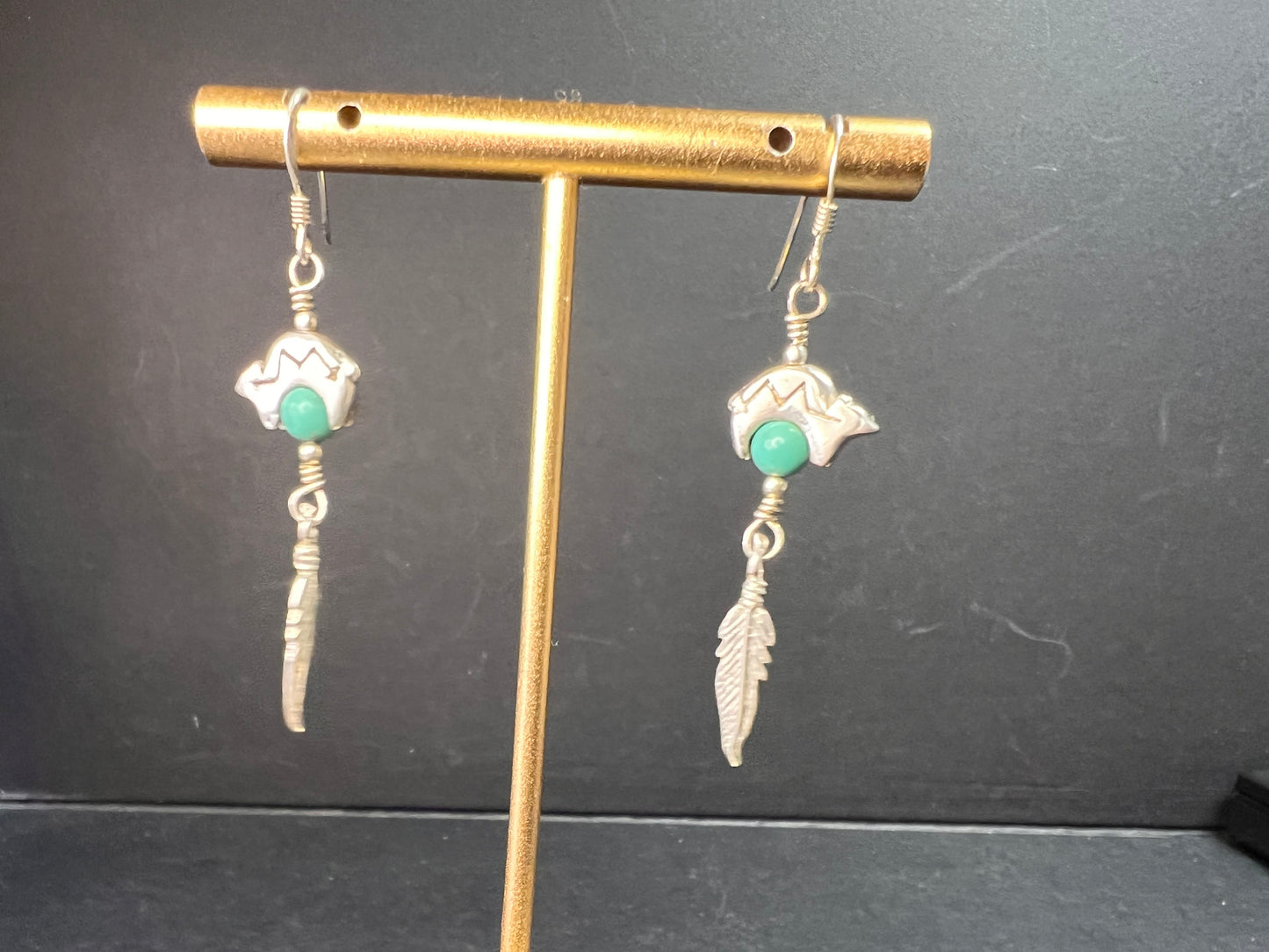 Vintage Sterling Silver Turquoise Earrings – Bear & Feather Motif