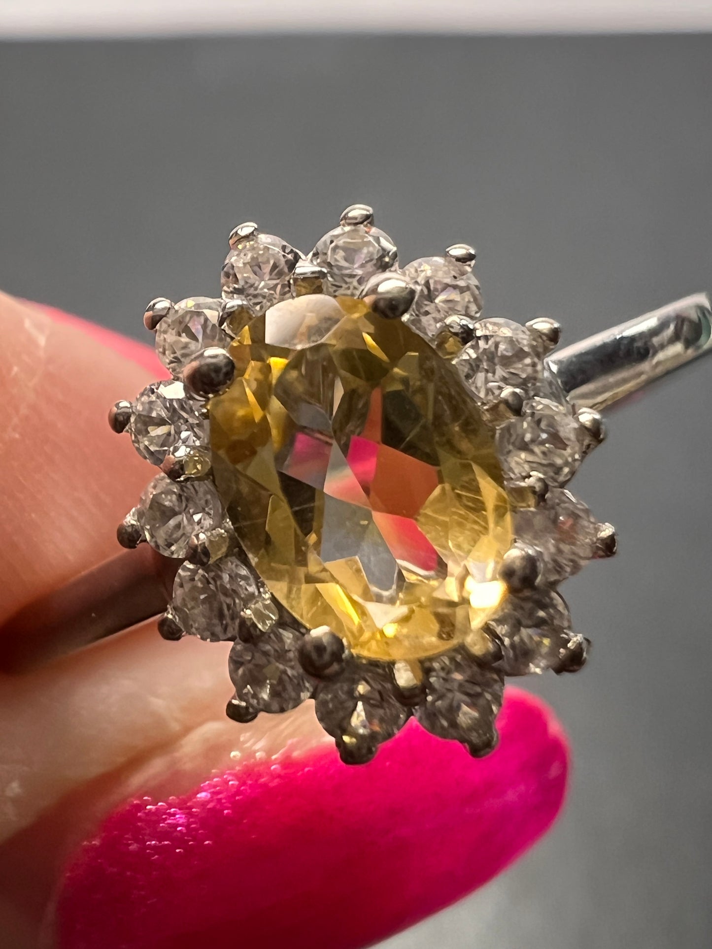 Brazilian citrine and zircon halo ring in platinum over sterling silver size 9 *NEW*