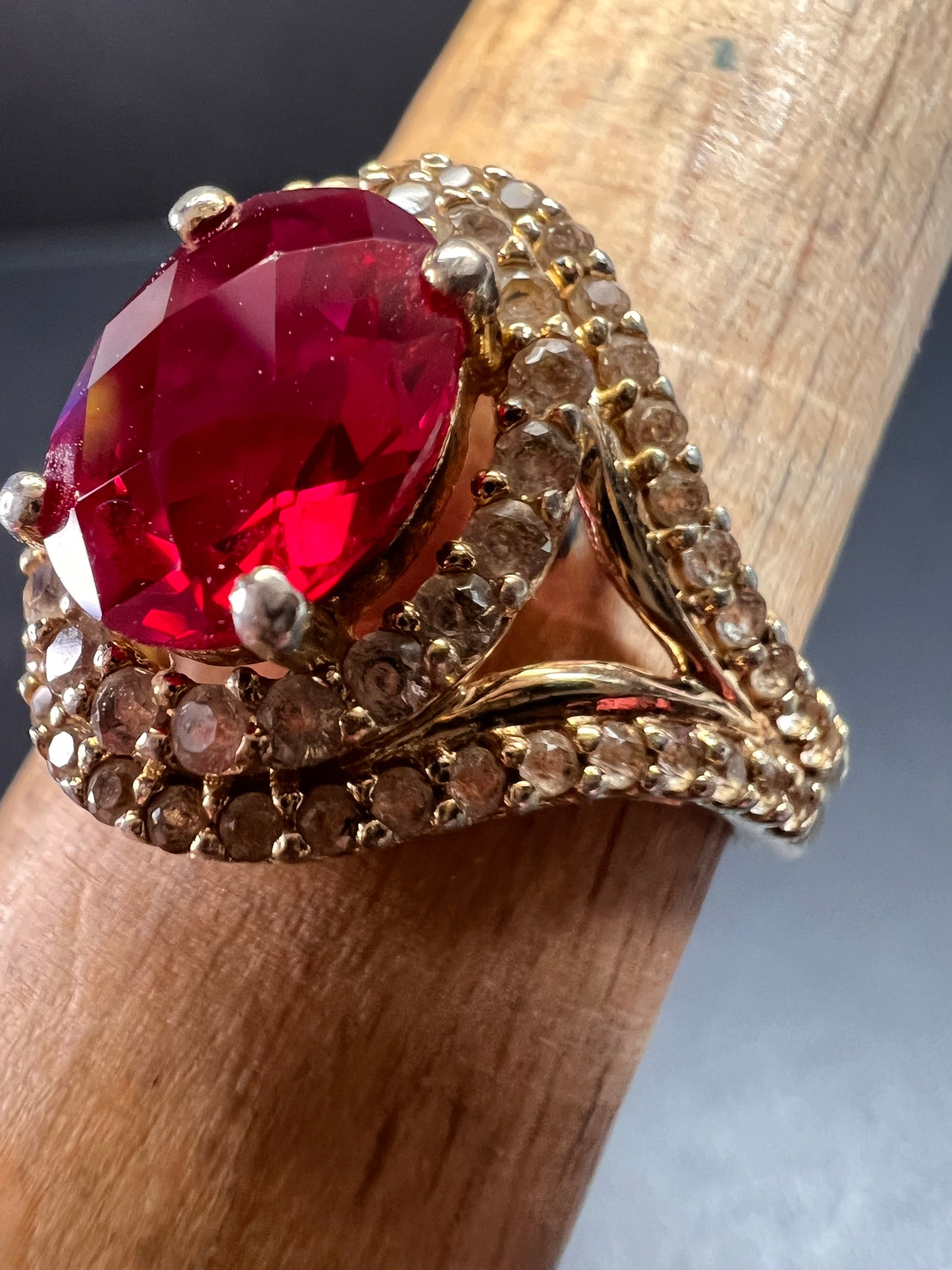 Lab Ruby and topaz halo ring in gold over sterling silver size 7