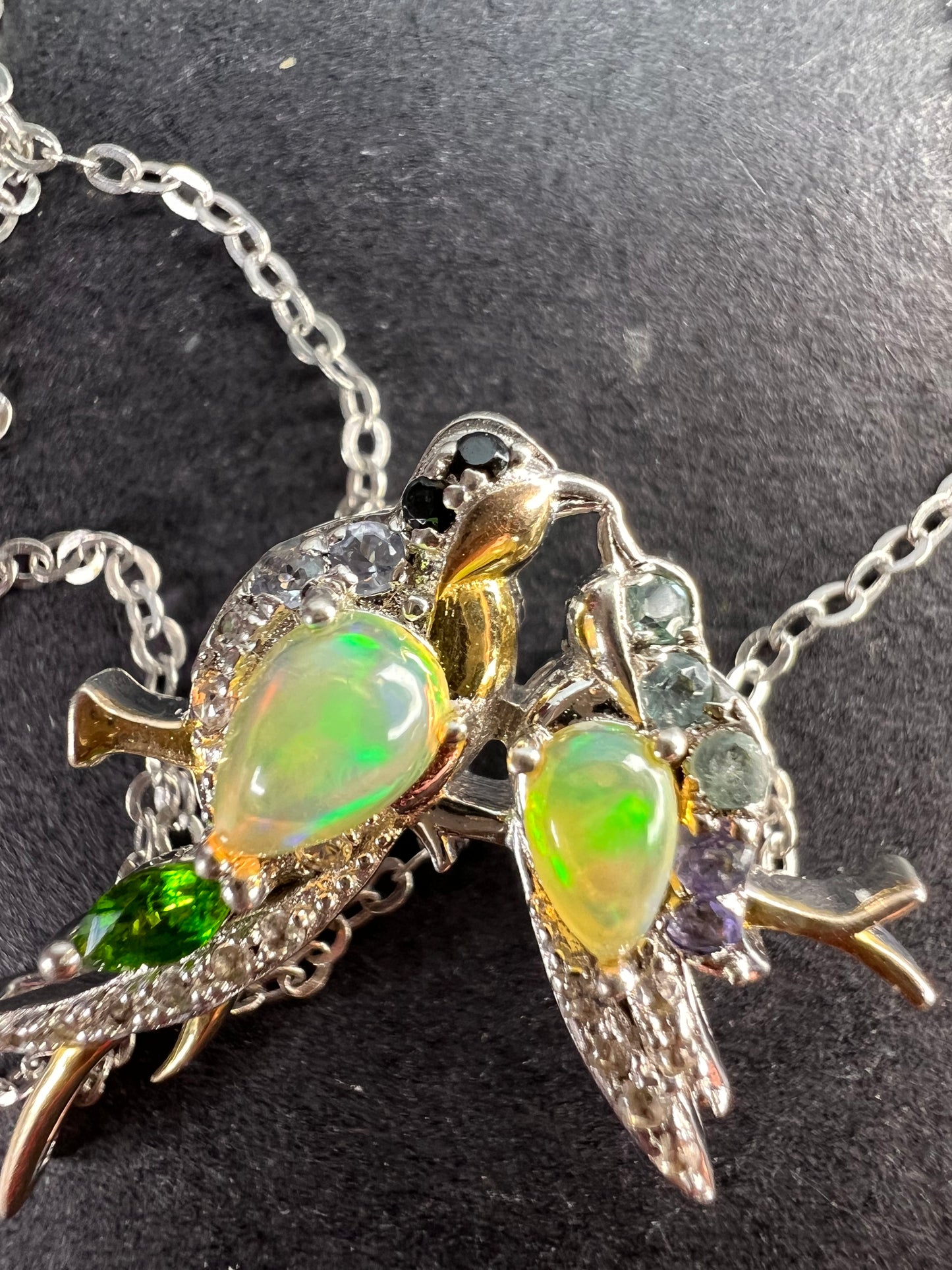 Ethiopian opal love birds multi gemstone two toned pendant and chain in gold and rhodium over sterling silver