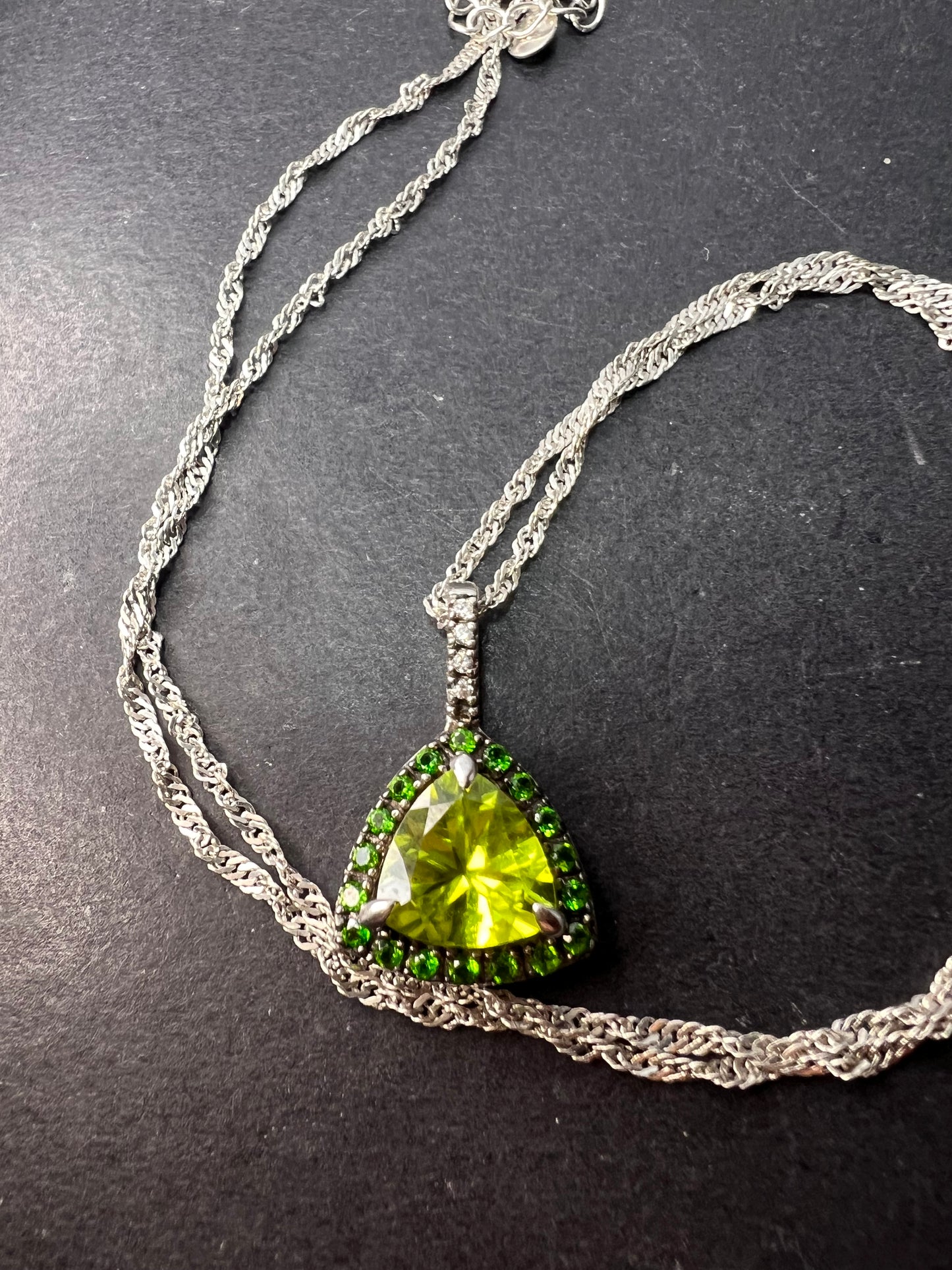 Trillium cut peridot and chrome diopside halo pendant and chain sterling silver necklace