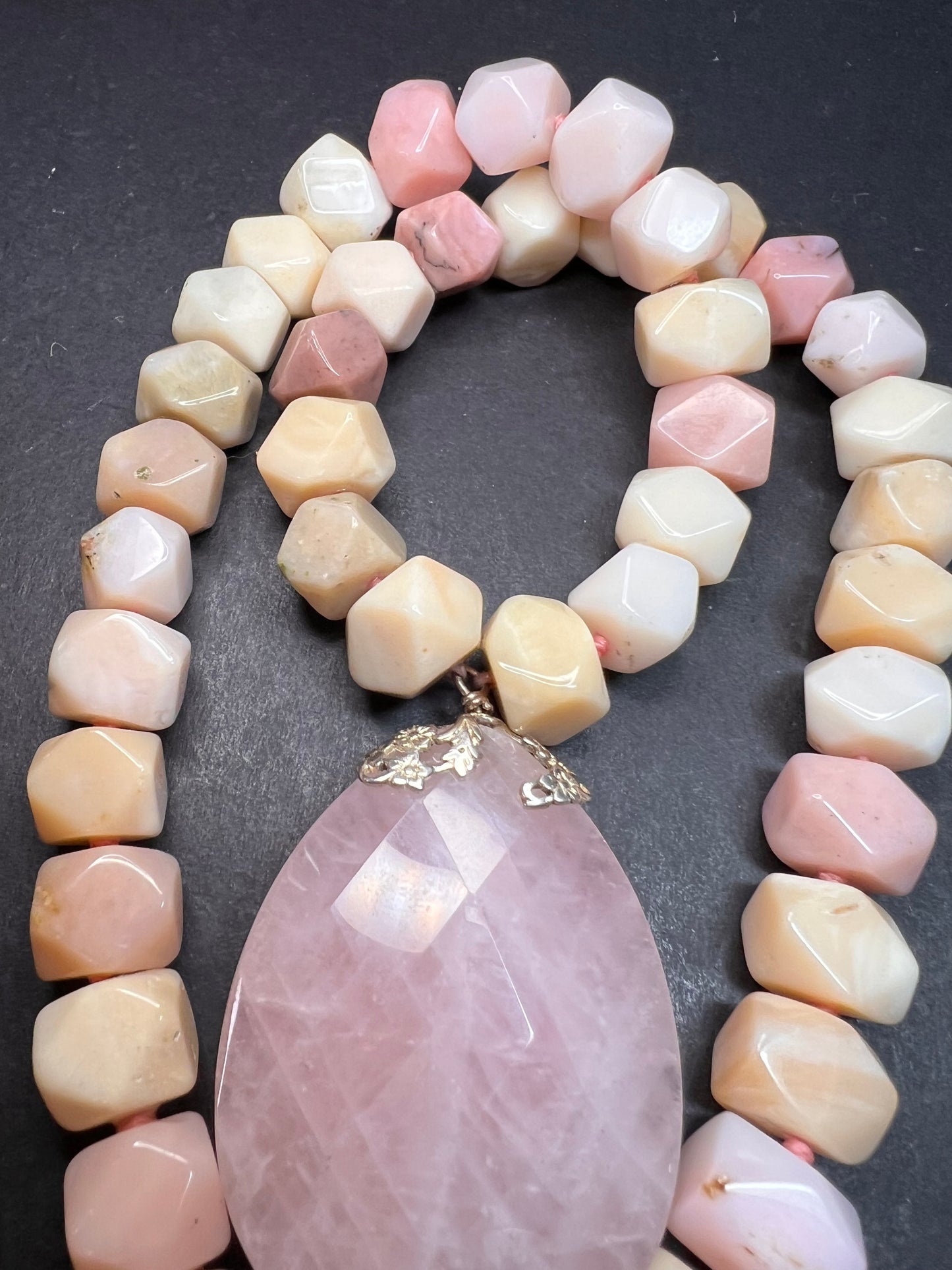 NEW pink opal and rose quartz Sterling silver necklace