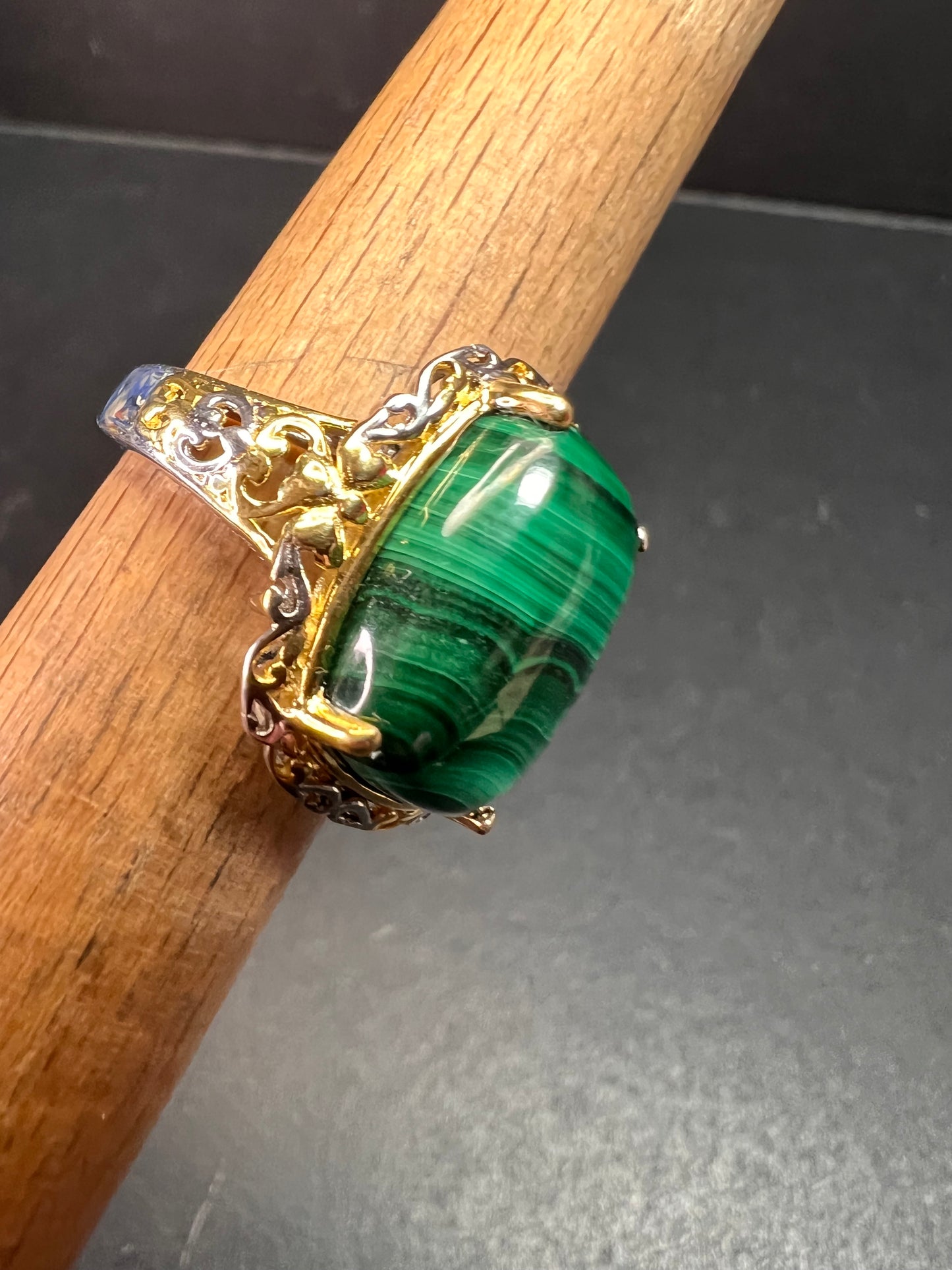 Karis Platinum & 18K Gold Plated Malachite Statement Ring Size 7