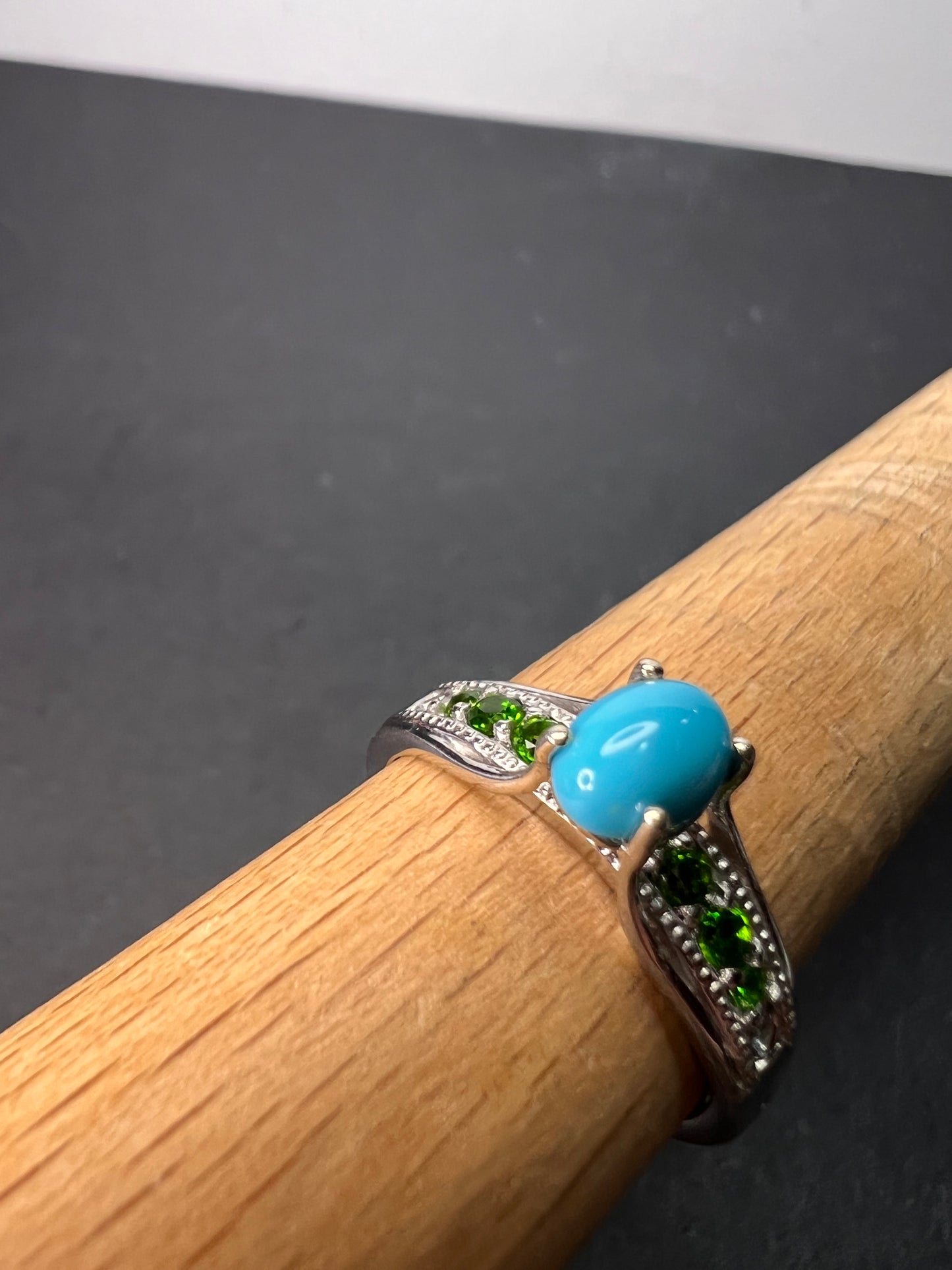 Sleeping Beauty turquoise and chrome diopside sterling silver ring size 9